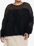 Social Collision Fuzzy Black Striped Fishnet Girls Knit Sweater Plus Size, BLACK, hi-res