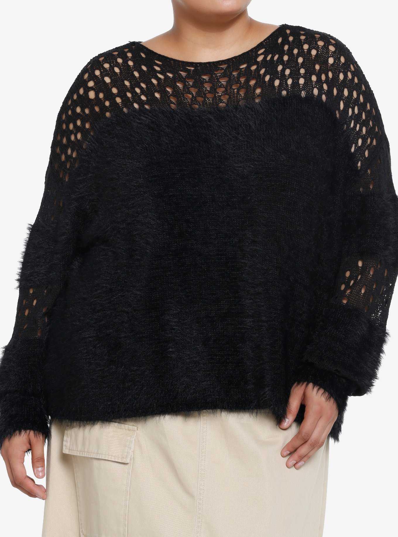 Social Collision Fuzzy Black Striped Fishnet Girls Knit Sweater Plus Size, , hi-res