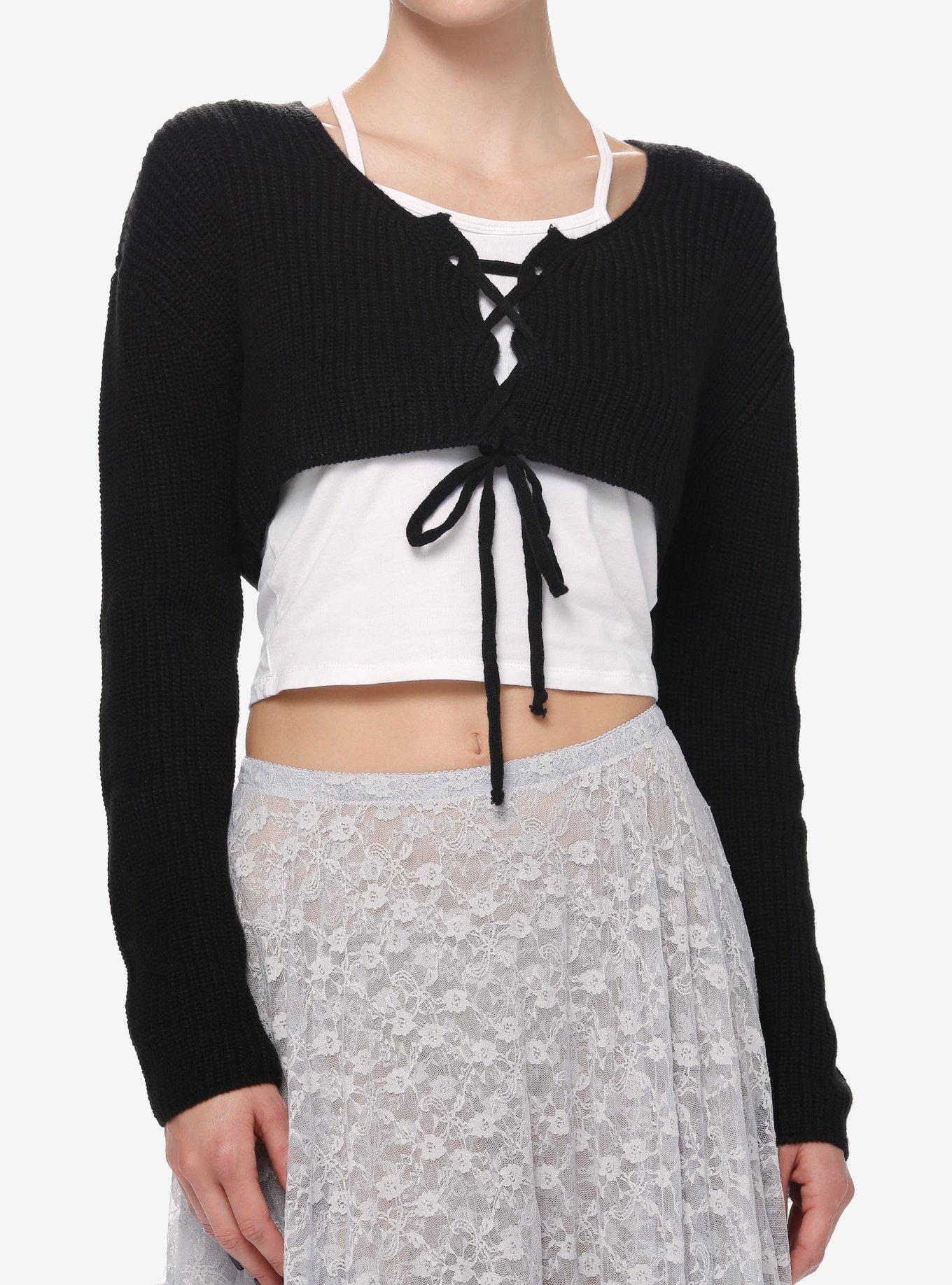 Cosmic Aura Black Knit Lace-Up Front Girls Shrug, BLACK, hi-res