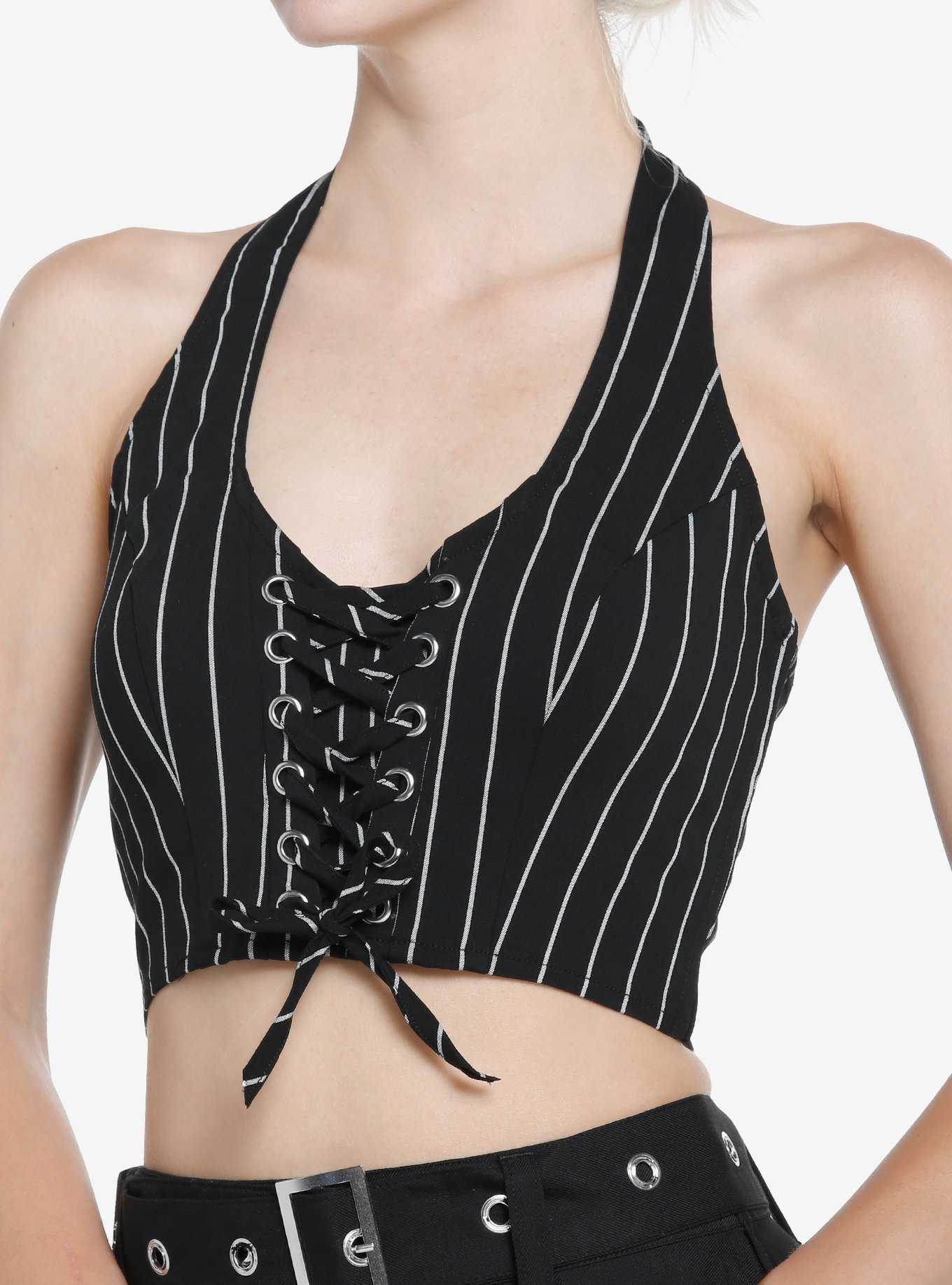 Cosmic Aura Black & White Pinstripe Girls Crop Vest, , hi-res