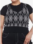 Cosmic Aura Black & Grey Argyle Crop Girls Sweater Vest Plus Size, ARGYLE, hi-res