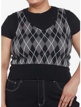 Cosmic Aura Black & Grey Argyle Crop Girls Sweater Vest Plus Size, , hi-res