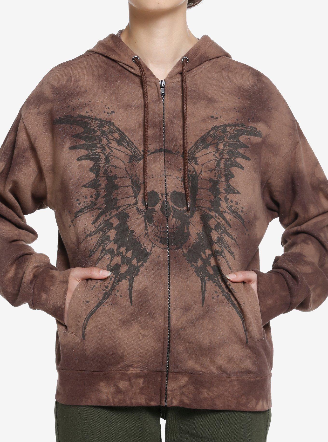 Thorn & Fable Butterfly Skull Brown Wash Girls Oversized Hoodie, BROWN, hi-res