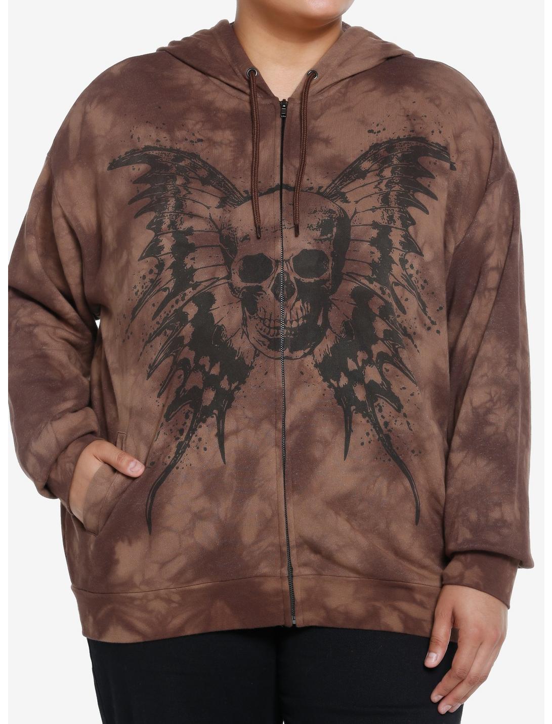 Thorn & Fable Butterfly Skull Brown Wash Girls Oversized Hoodie Plus Size, BROWN, hi-res