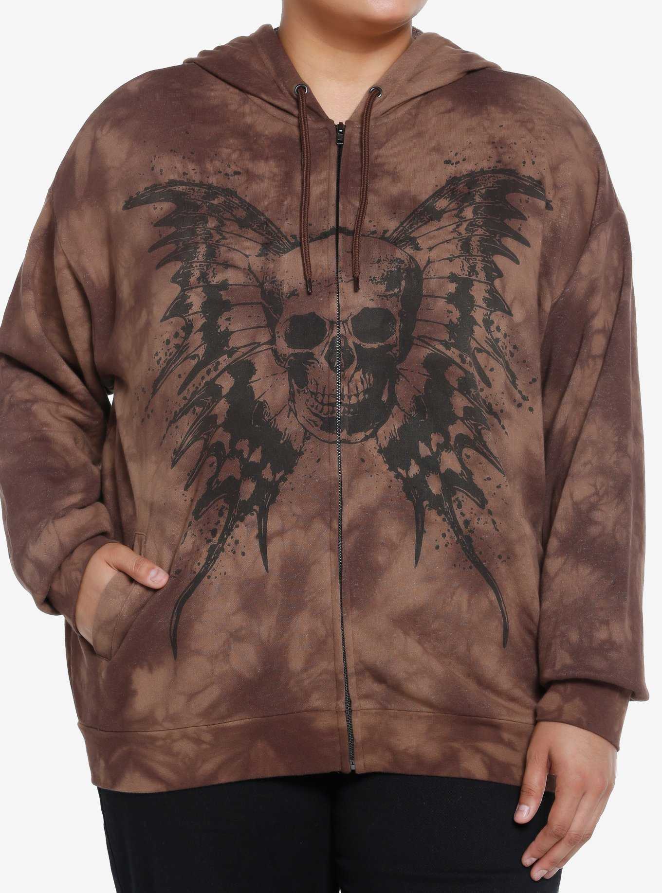 Thorn & Fable Butterfly Skull Brown Wash Girls Oversized Hoodie Plus Size, , hi-res