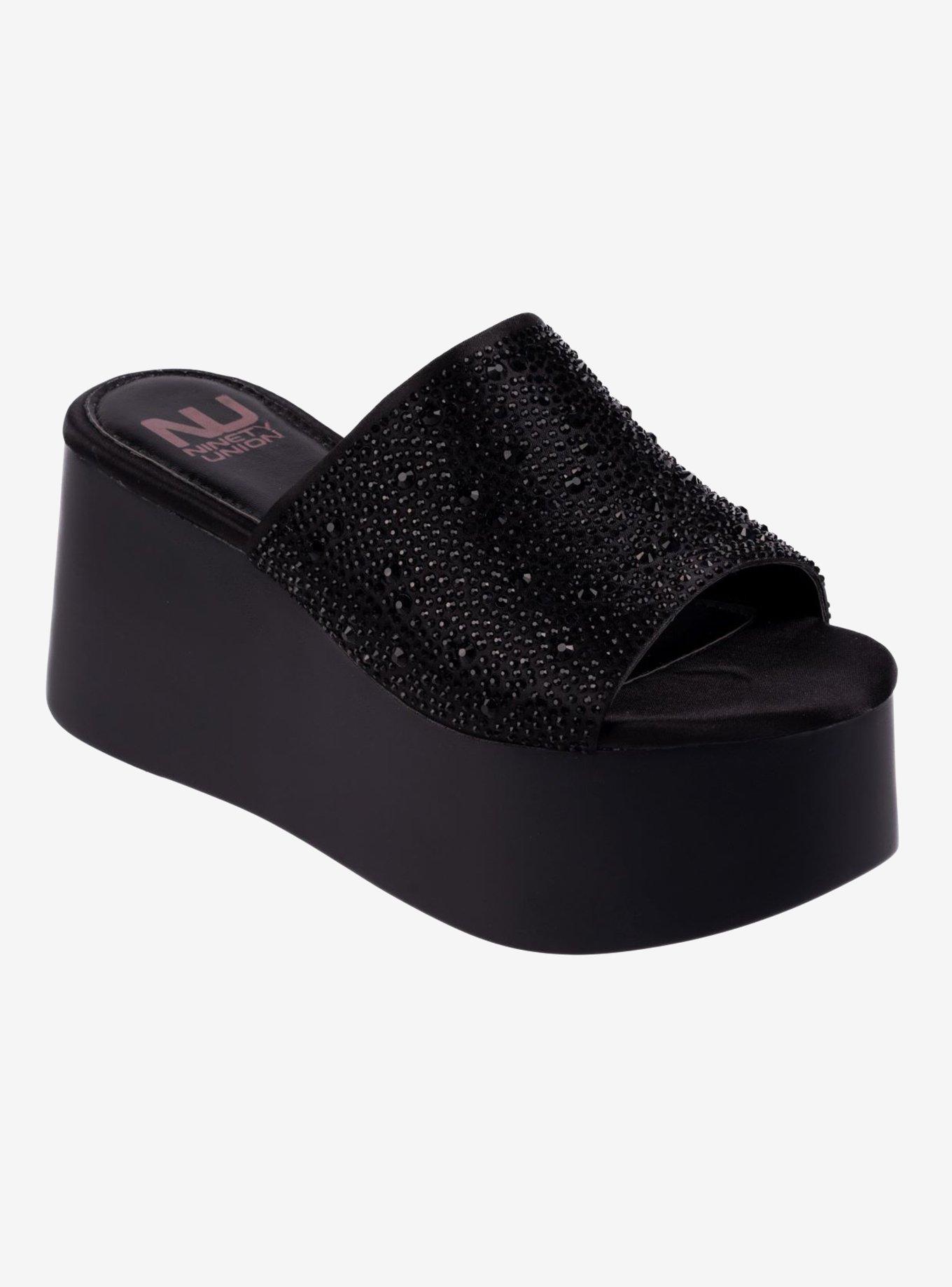 Rhinestone Black Platform Wedge Sandal, BLACK, hi-res