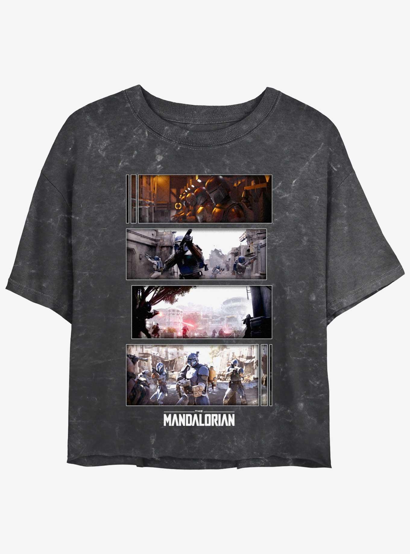 Star Wars The Mandalorian Battle Sequence Mineral Wash Womens Crop T-Shirt, BLACK, hi-res