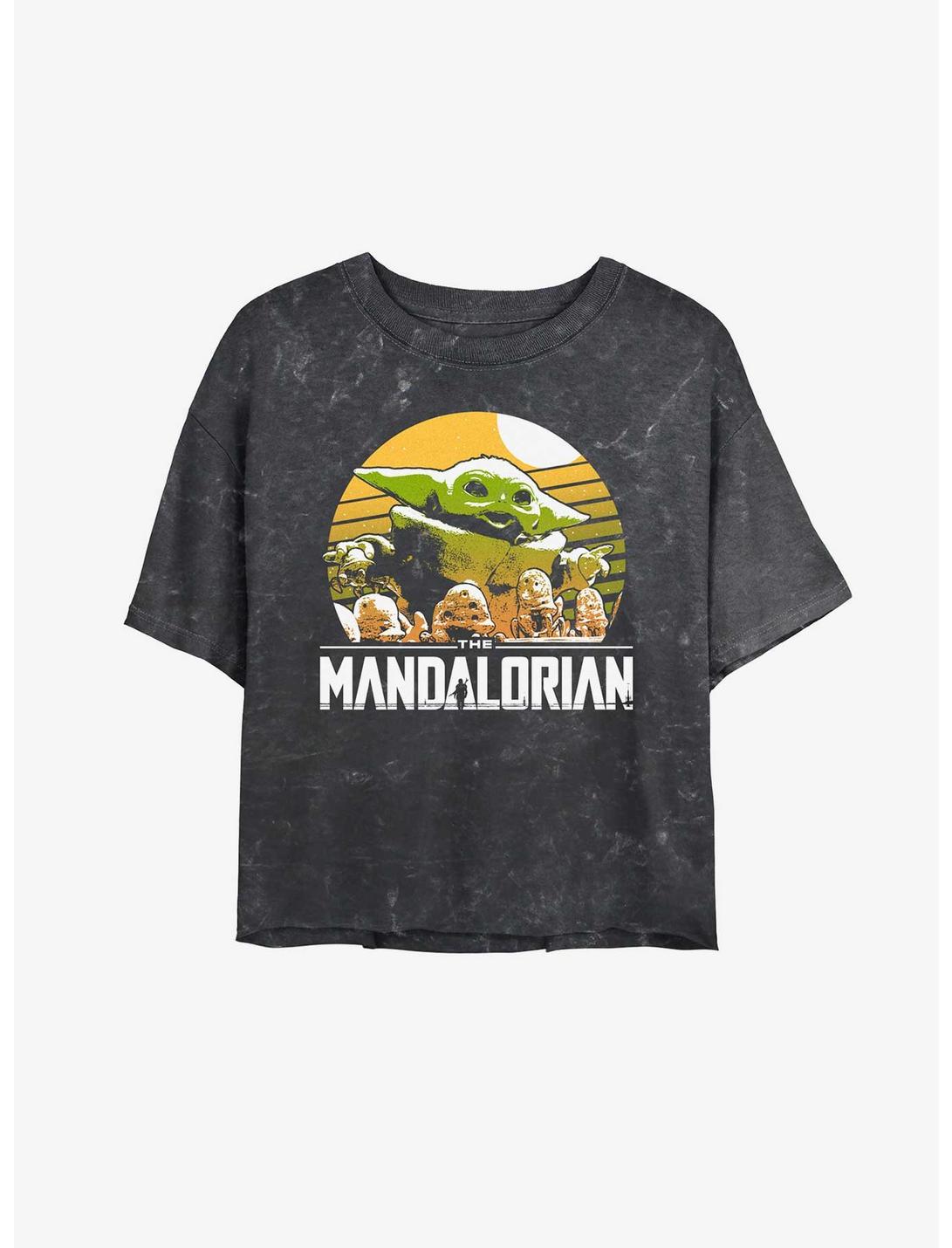 Star Wars The Mandalorian Grogu Playing With Stone Crabs Mineral Wash Womens Crop T-Shirt, BLACK, hi-res