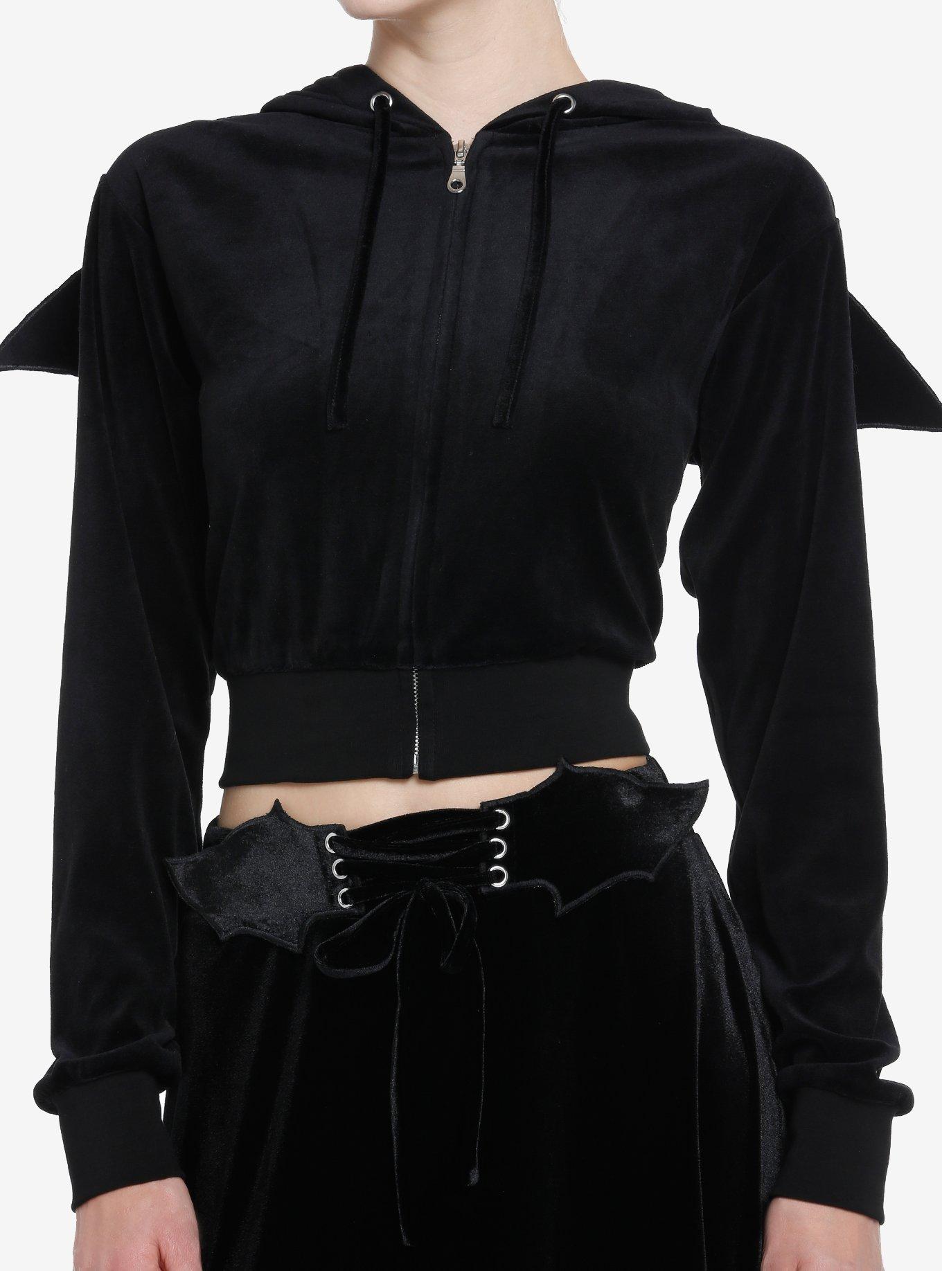 Cosmic Aura Black Velvet Bat Wing Crop Hoodie 