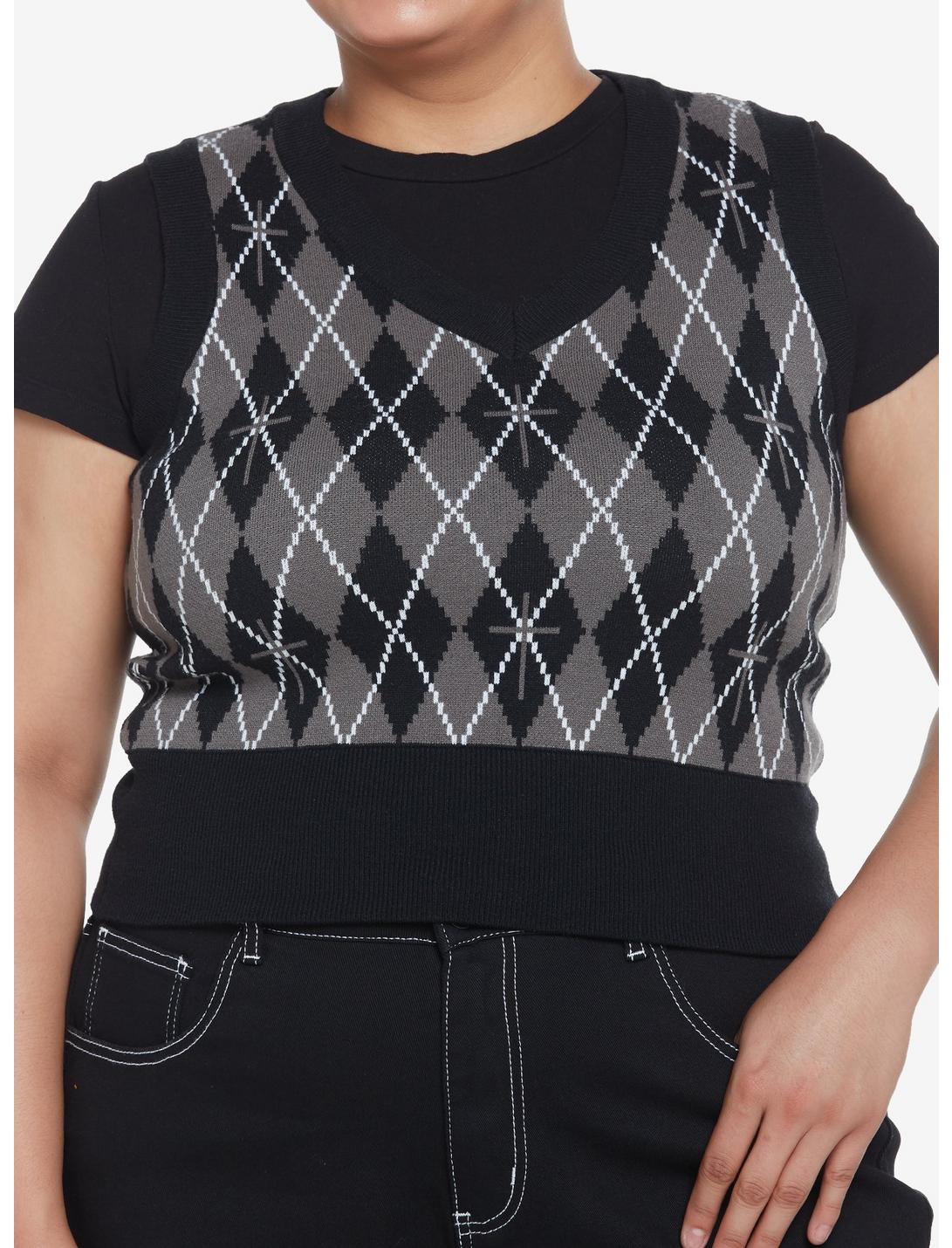 Cosmic Aura Black & Grey Argyle Crop Sweater Vest Plus Size, MULTI, hi-res
