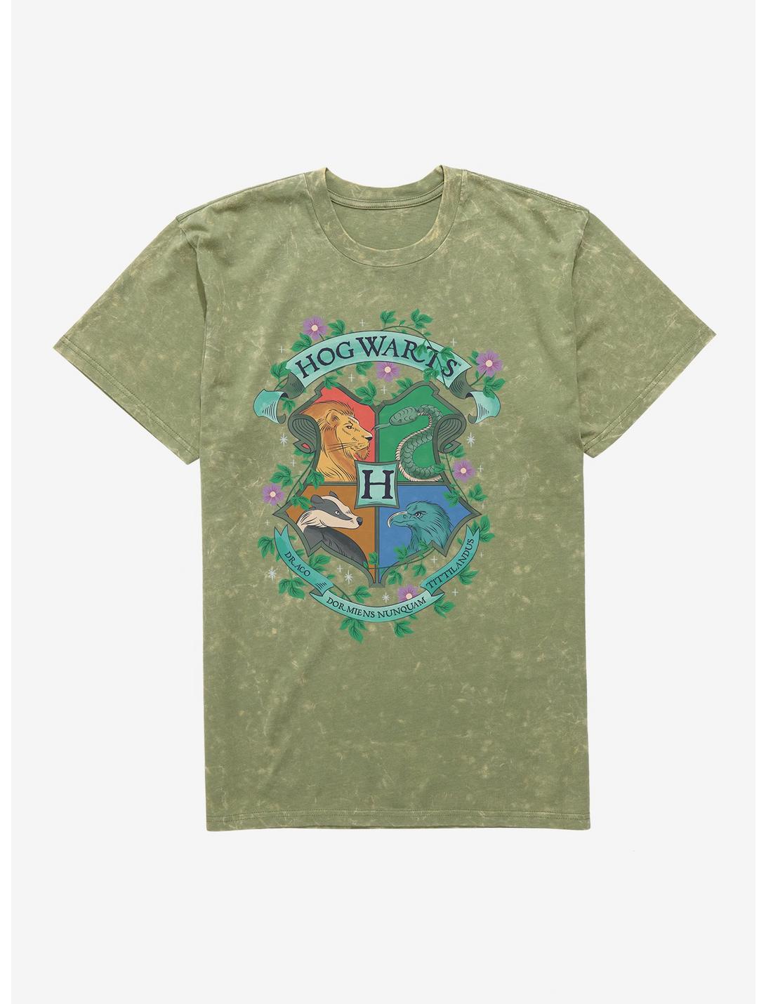 Harry Potter Hogwarts Crest Flowers Mineral Wash T-Shirt, MILITARY GREEN MINERAL WASH, hi-res