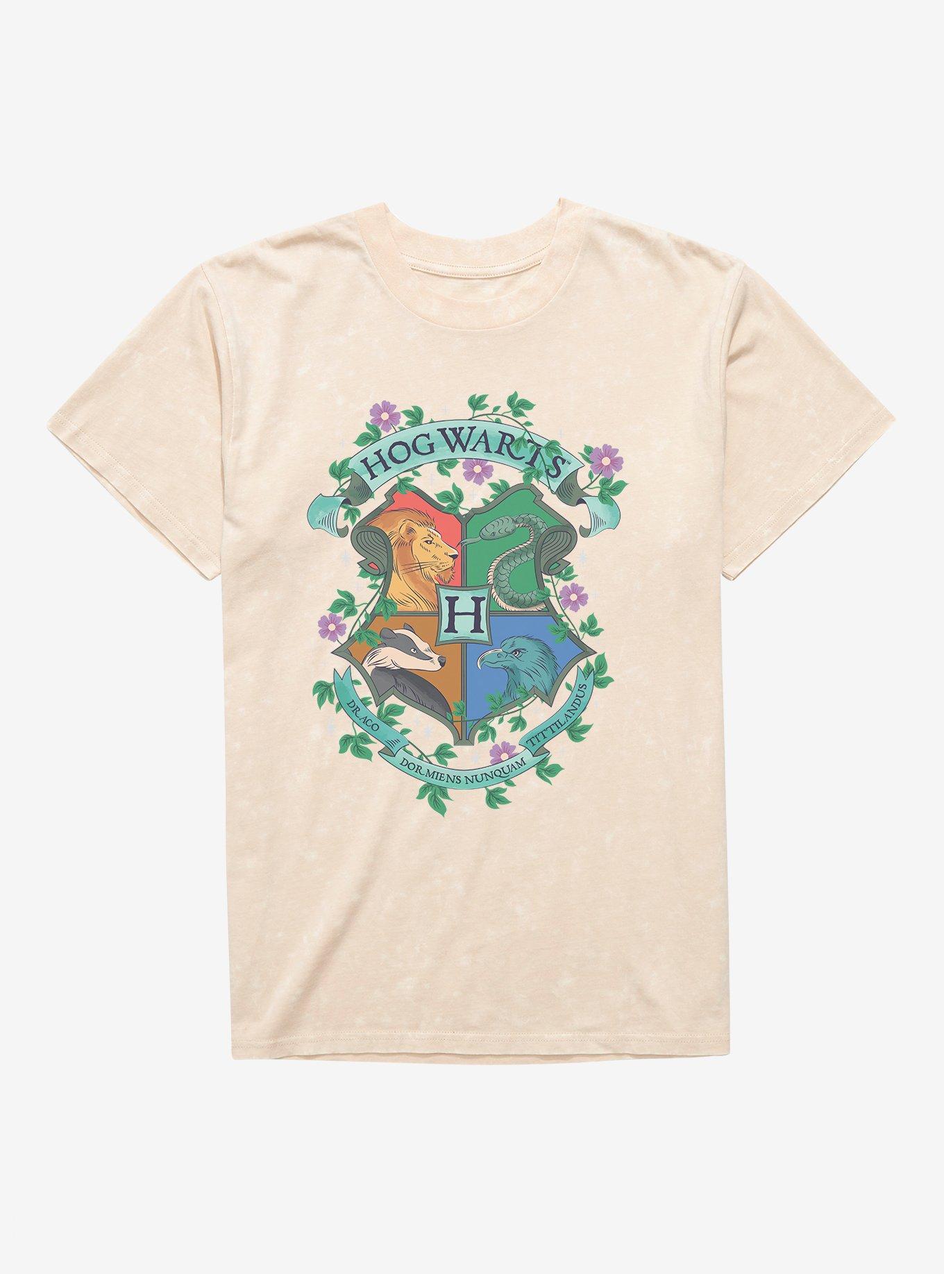 Harry Potter Hogwarts Crest Flowers Mineral Wash T-Shirt, , hi-res