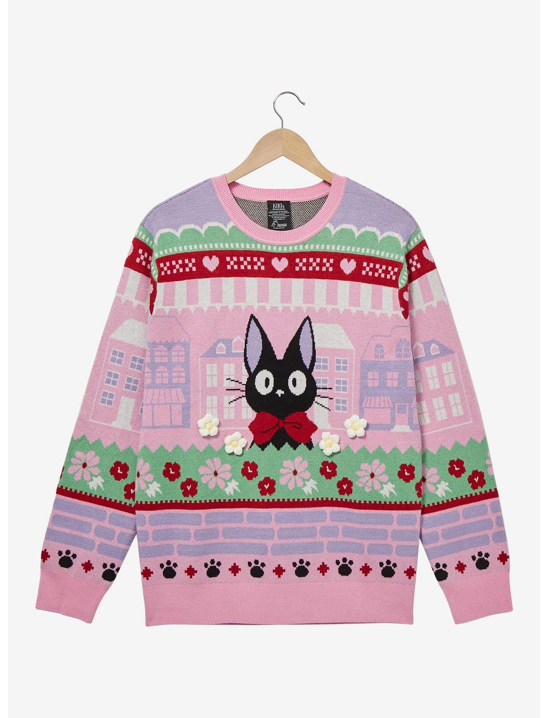 Studio Ghibli Kiki's Delivery Service Jiji Floral Portrait Holiday Sweater - BoxLunch Exclusive, PINK, hi-res