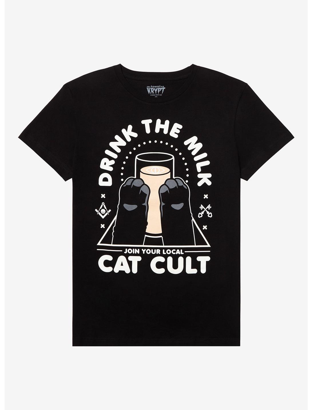 Drink The Milk Cat Cult T-Shirt By Kawaii Krypt, BLACK, hi-res