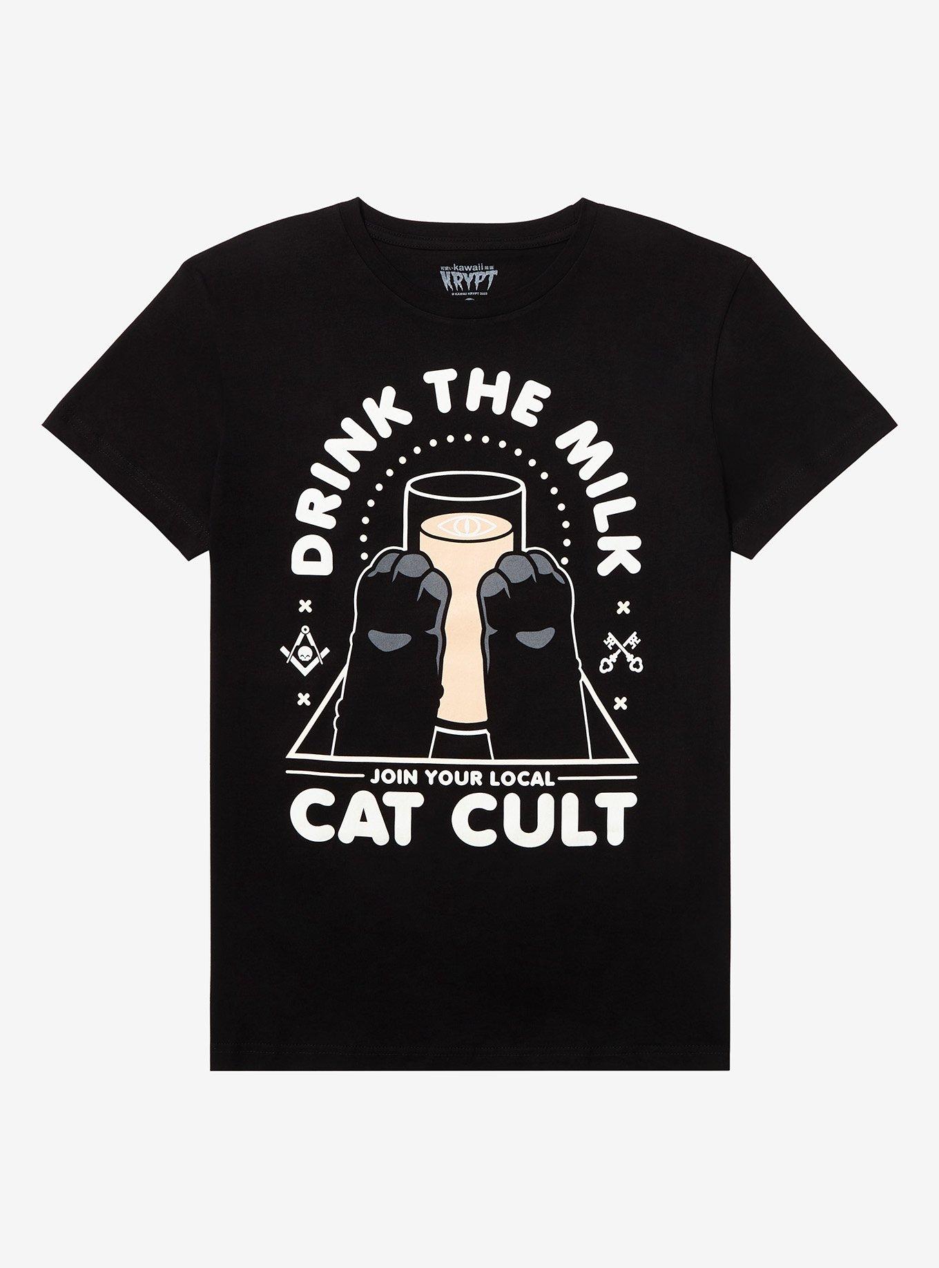 Drink The Milk Cat Cult T-Shirt By Kawaii Krypt, BLACK, hi-res