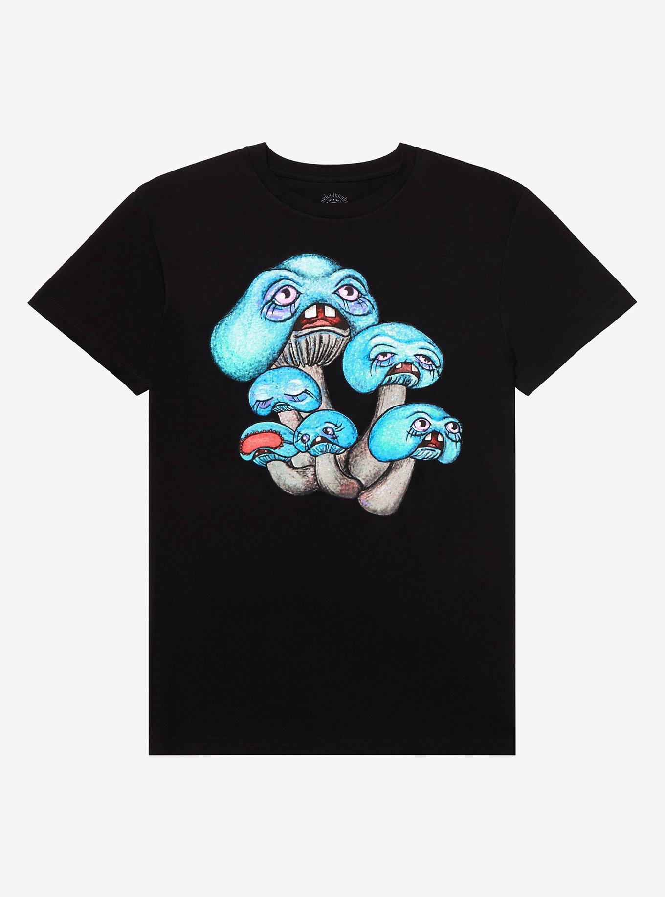 Blue Mushroom Faces T-Shirt By Lyndsey Paynter Art, BLACK, hi-res