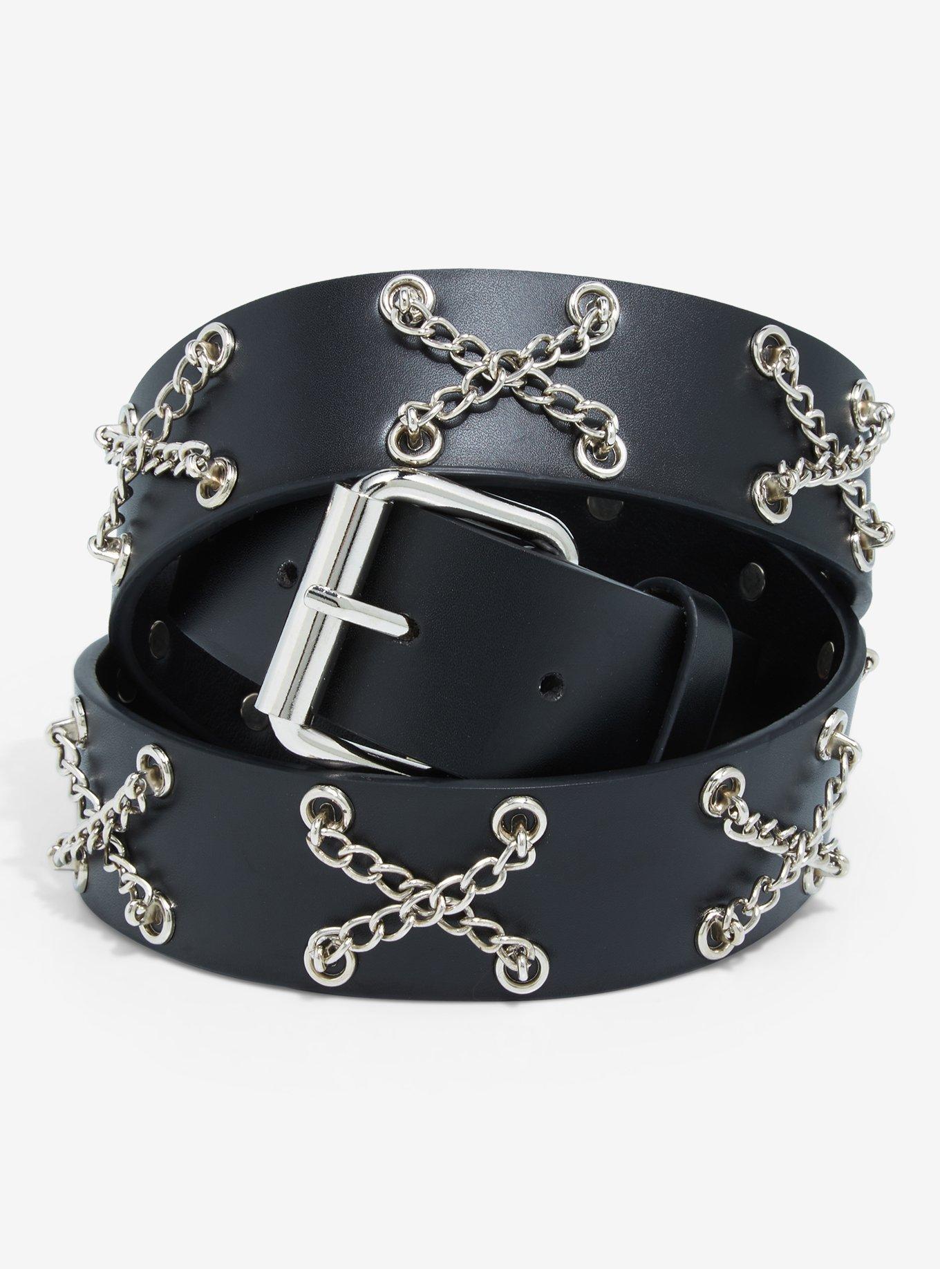 Black & Silver Crisscross Chain Belt, , hi-res