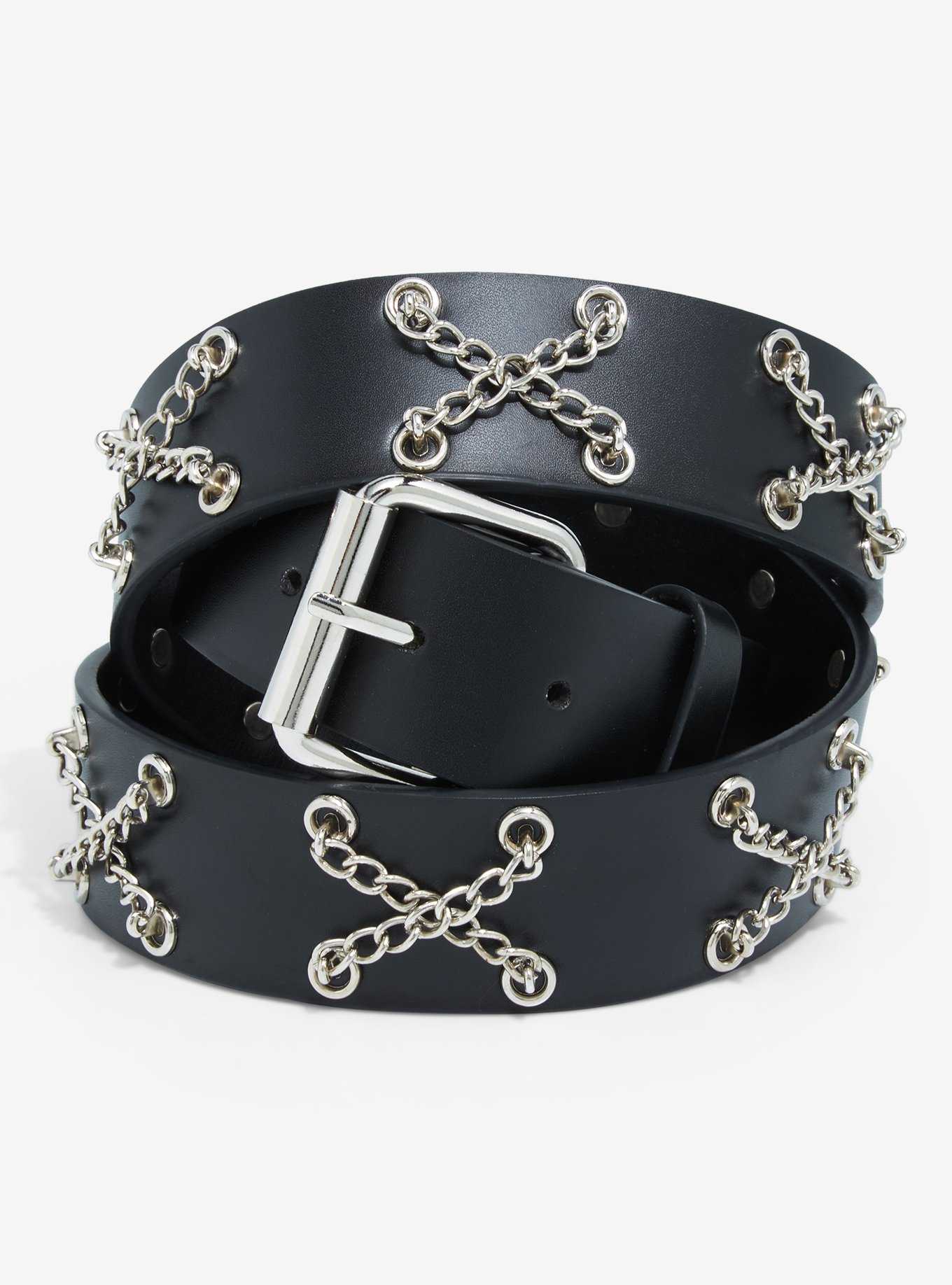 Black & Silver Crisscross Chain Belt, , hi-res