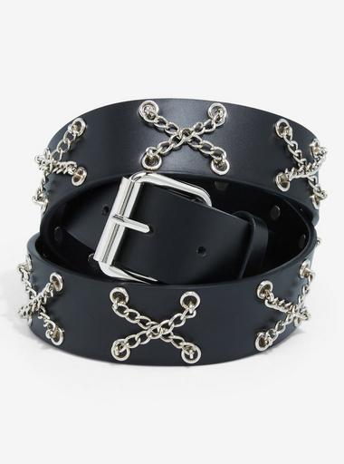 NEW LOFT sz L black belt w silver chains on sides Women Black Elastic Belt Paisley Double Silver Metal Buckle  main image 2
