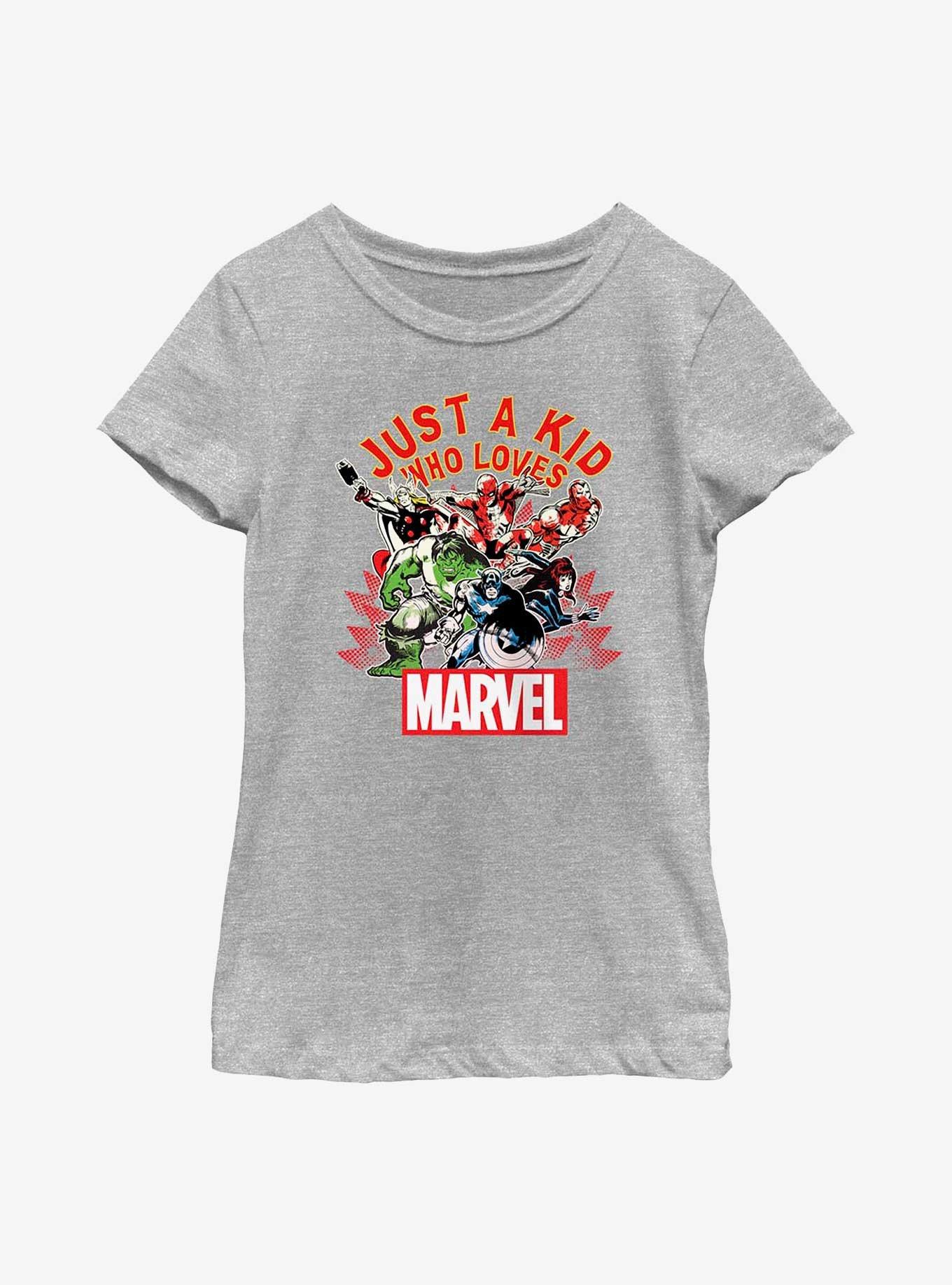 Marvel Avengers Just A Kid Who Loves Marvel Youth Girls T-Shirt, ATH HTR, hi-res