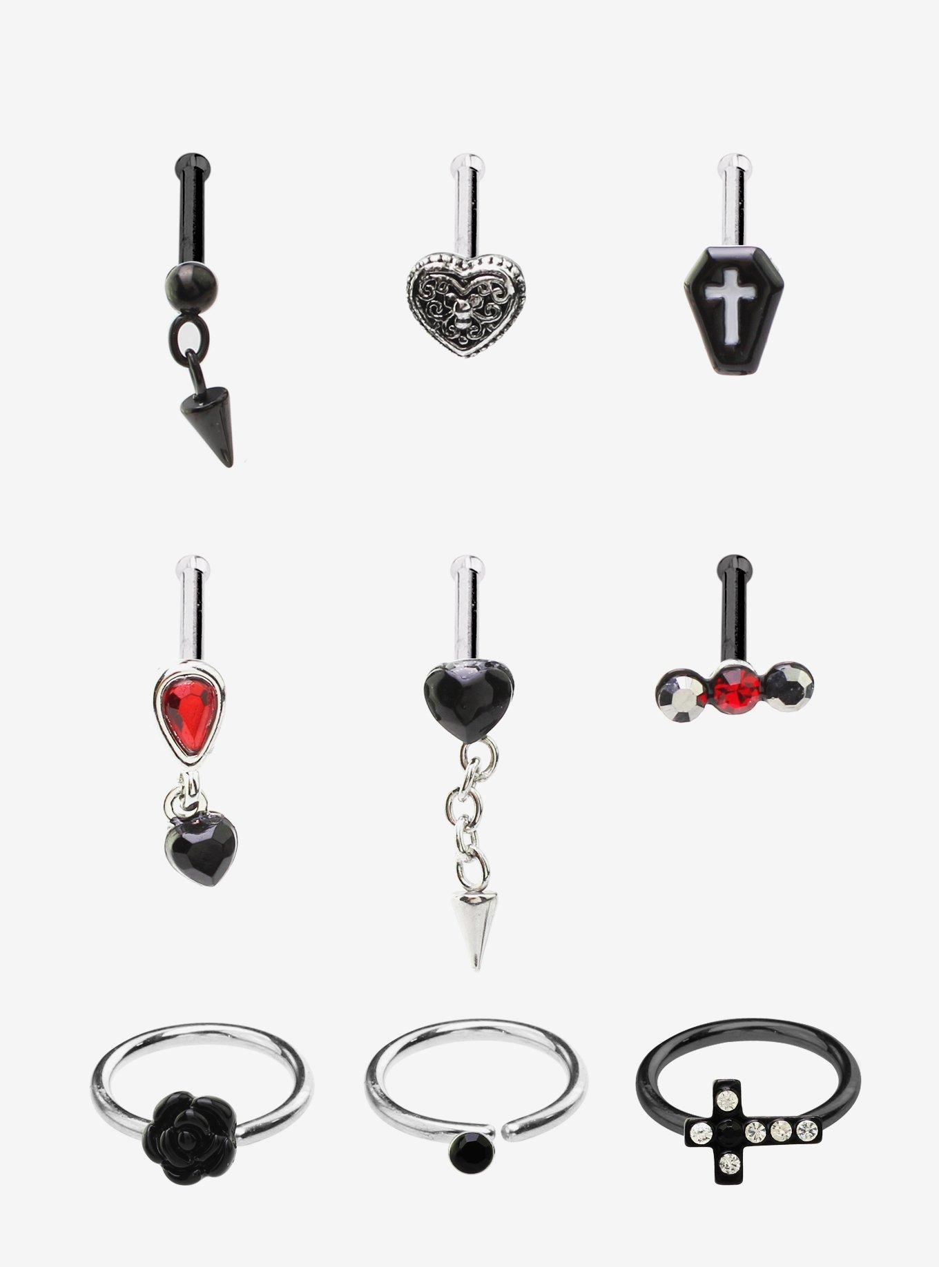 Steel Silver Black Rose & Coffin Nose Stud & Hoop 9 Pack, MULTI, hi-res