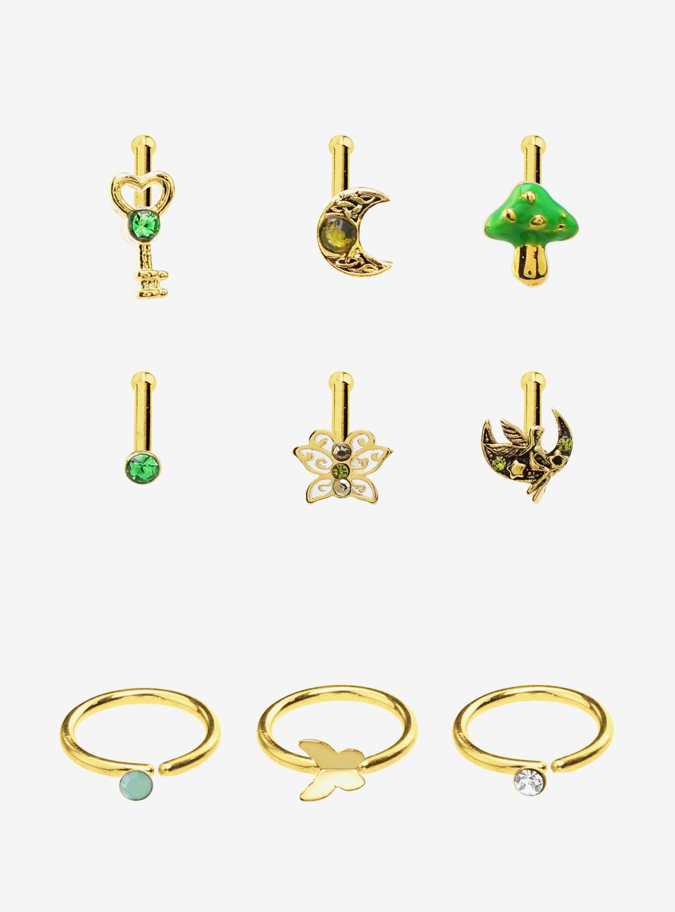 Steel Gold Green Fairy Nose Stud & Hoop 9 Pack, MULTI, hi-res
