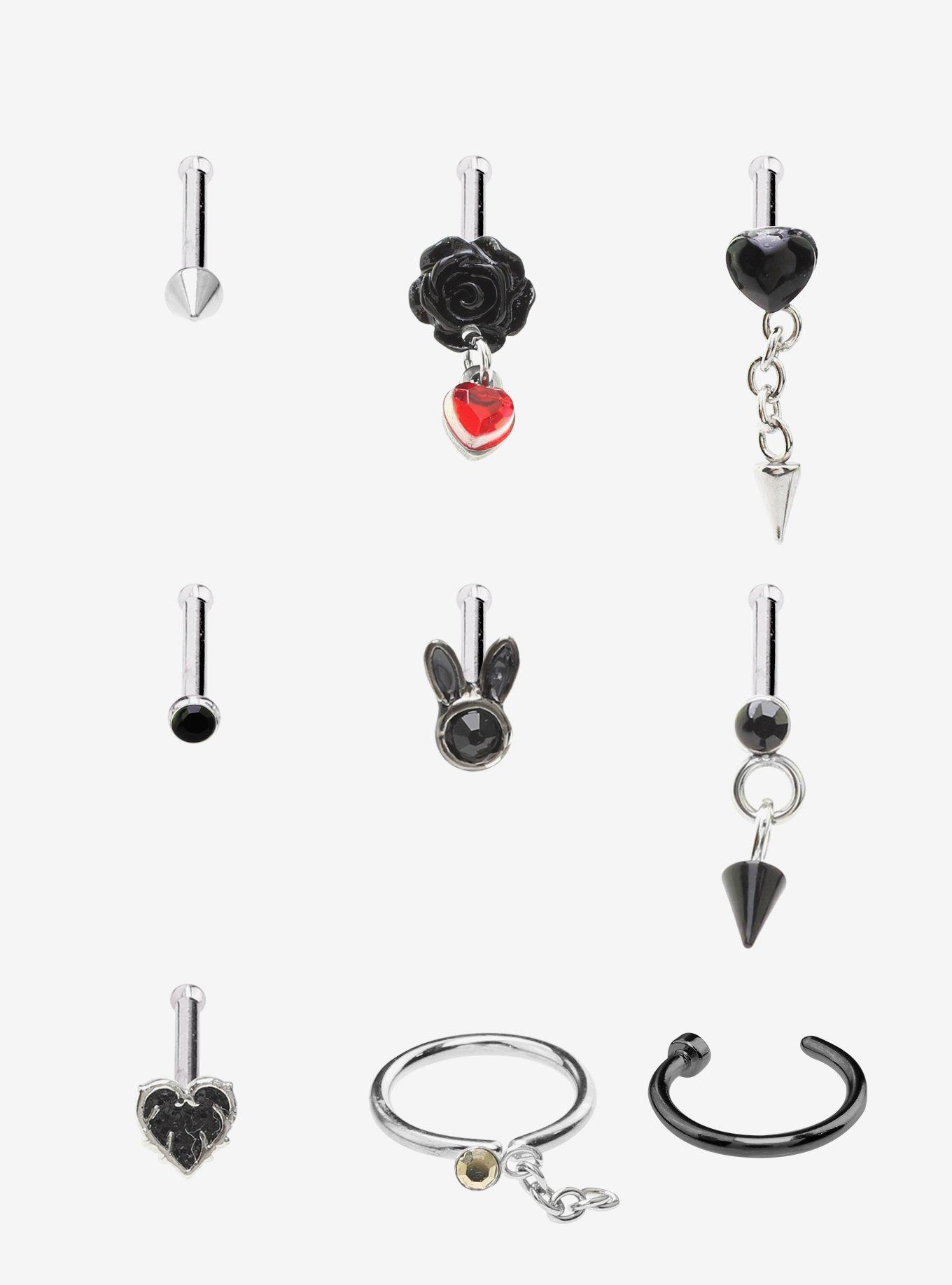 Steel Gothic Nose Stud & Hoop 9 Pack, MULTI, hi-res