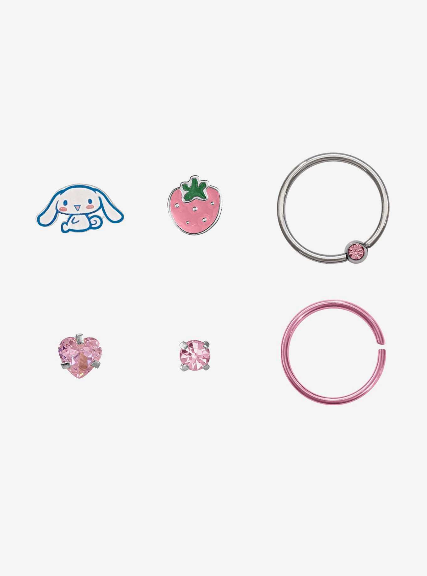 Steel Cinnamoroll Silver & Pink Strawberry Nose Stud & Hoop 6 Pack, , hi-res