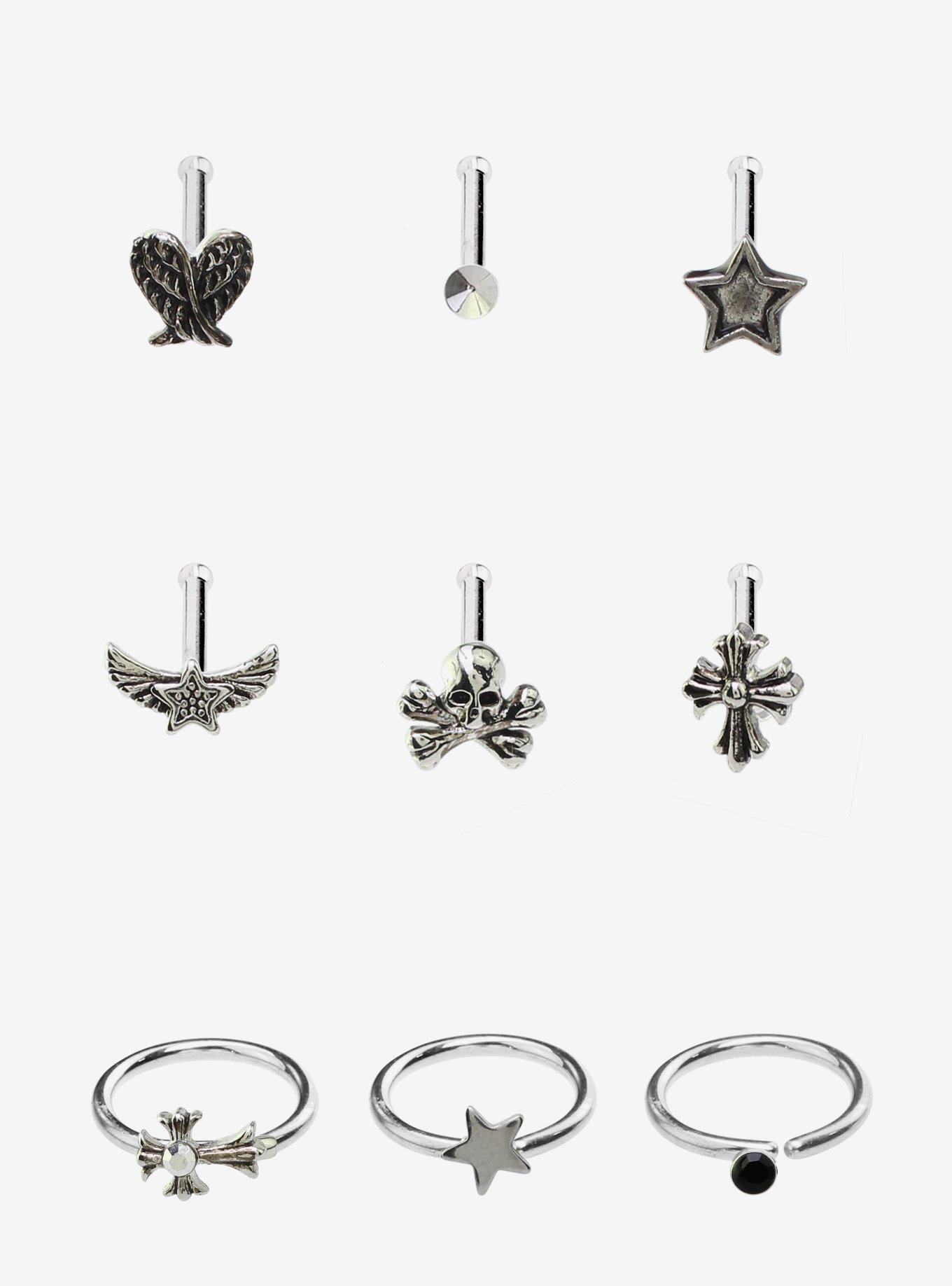 Steel Silver Angel Wing & Skull Nose Stud & Hoop 9 Pack, MULTI, hi-res