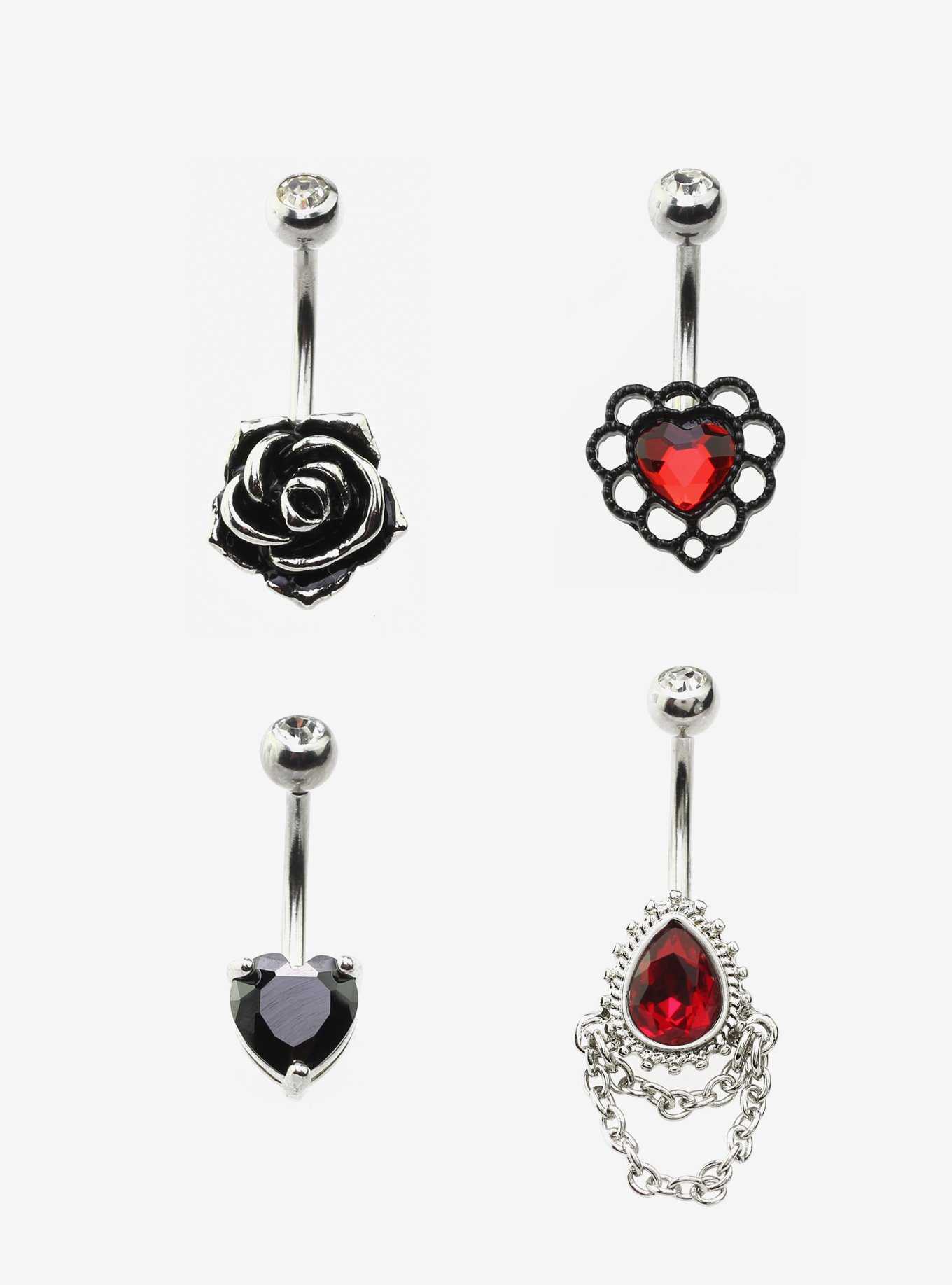 14G Steel Silver Heart & Rose Navel Barbell 4 Pack, , hi-res