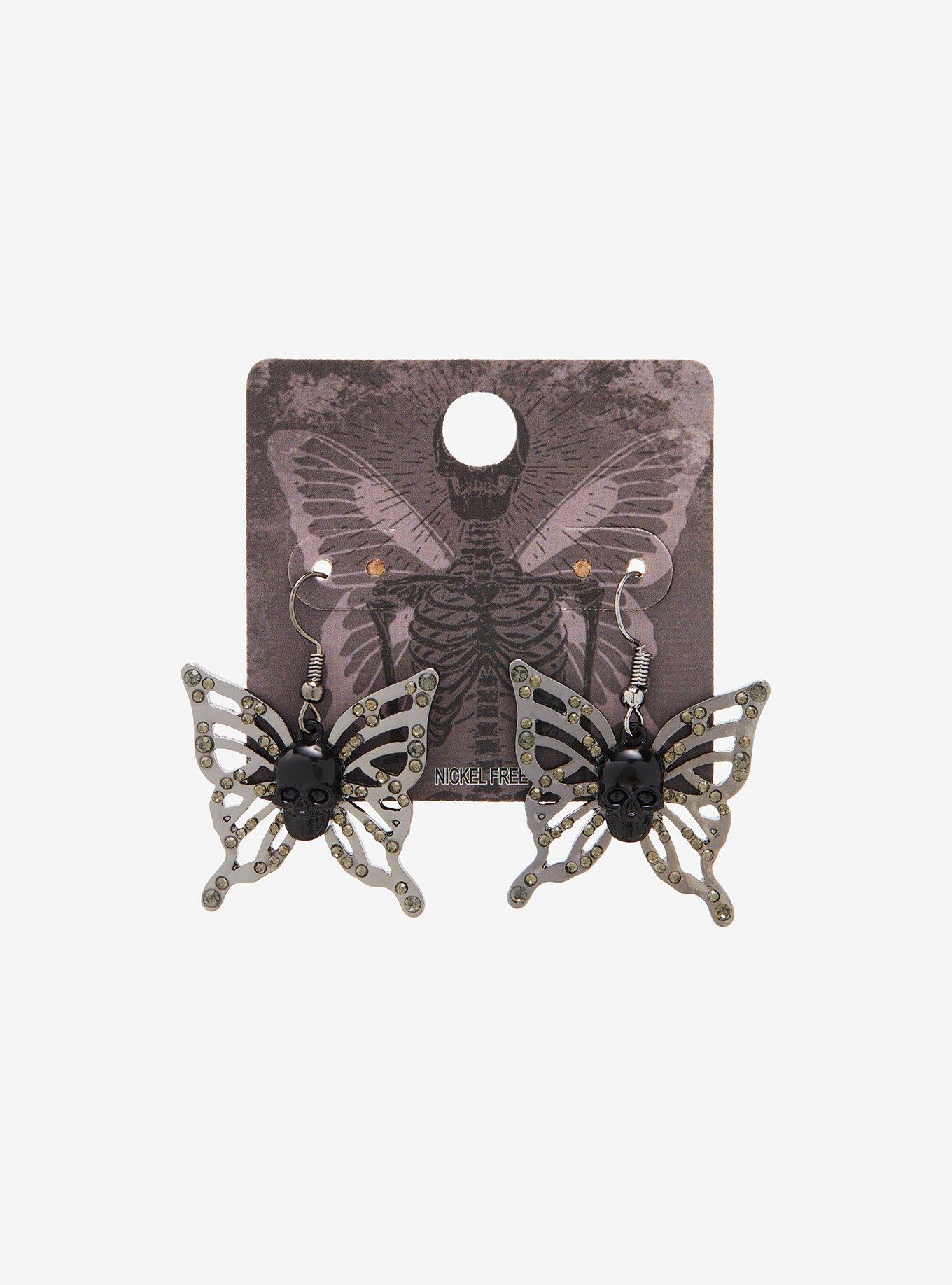 Black Skull Butterfly Earrings, , hi-res