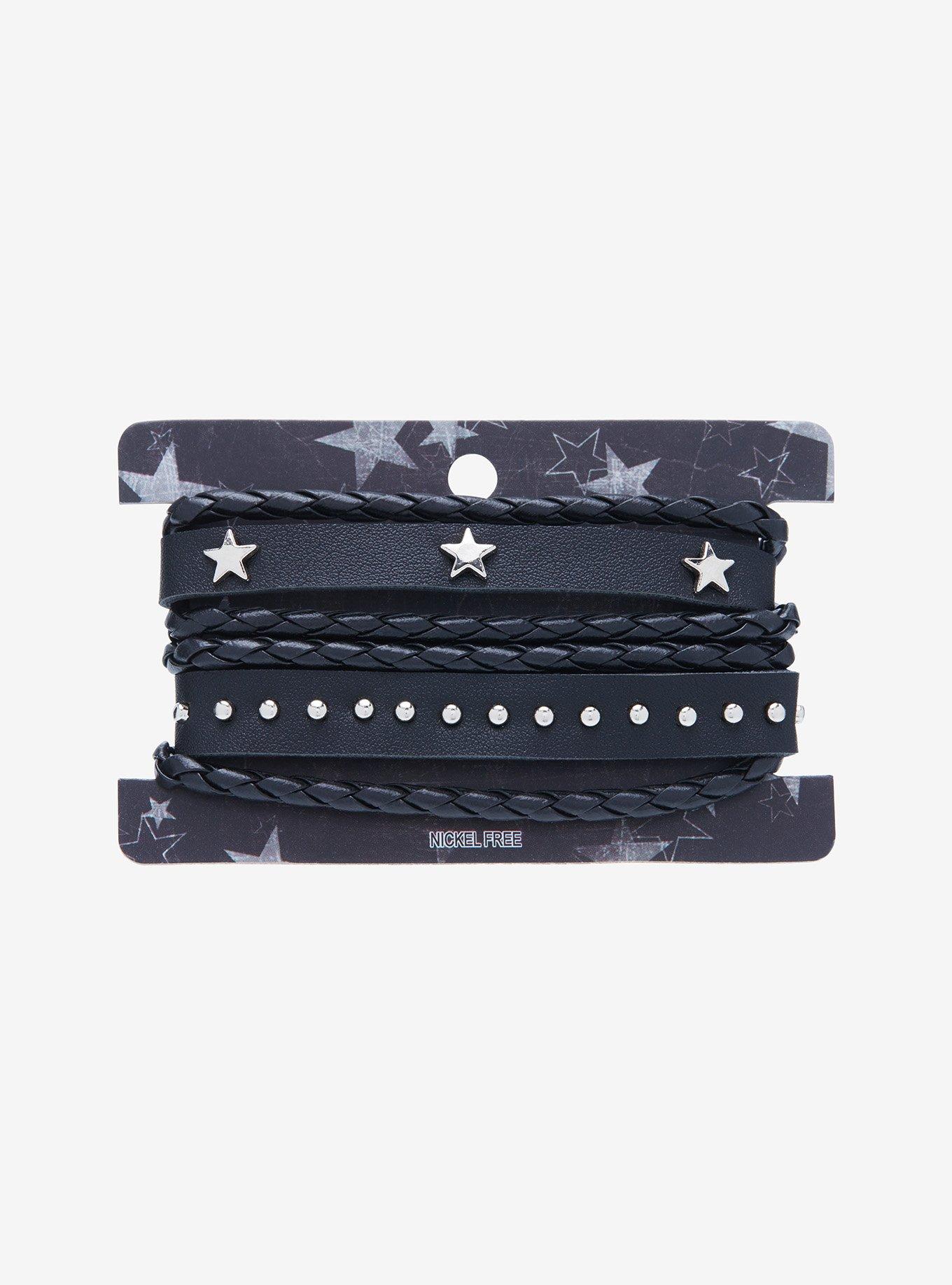Star Stud Faux Leather Layered Cord Bracelet Set, , hi-res