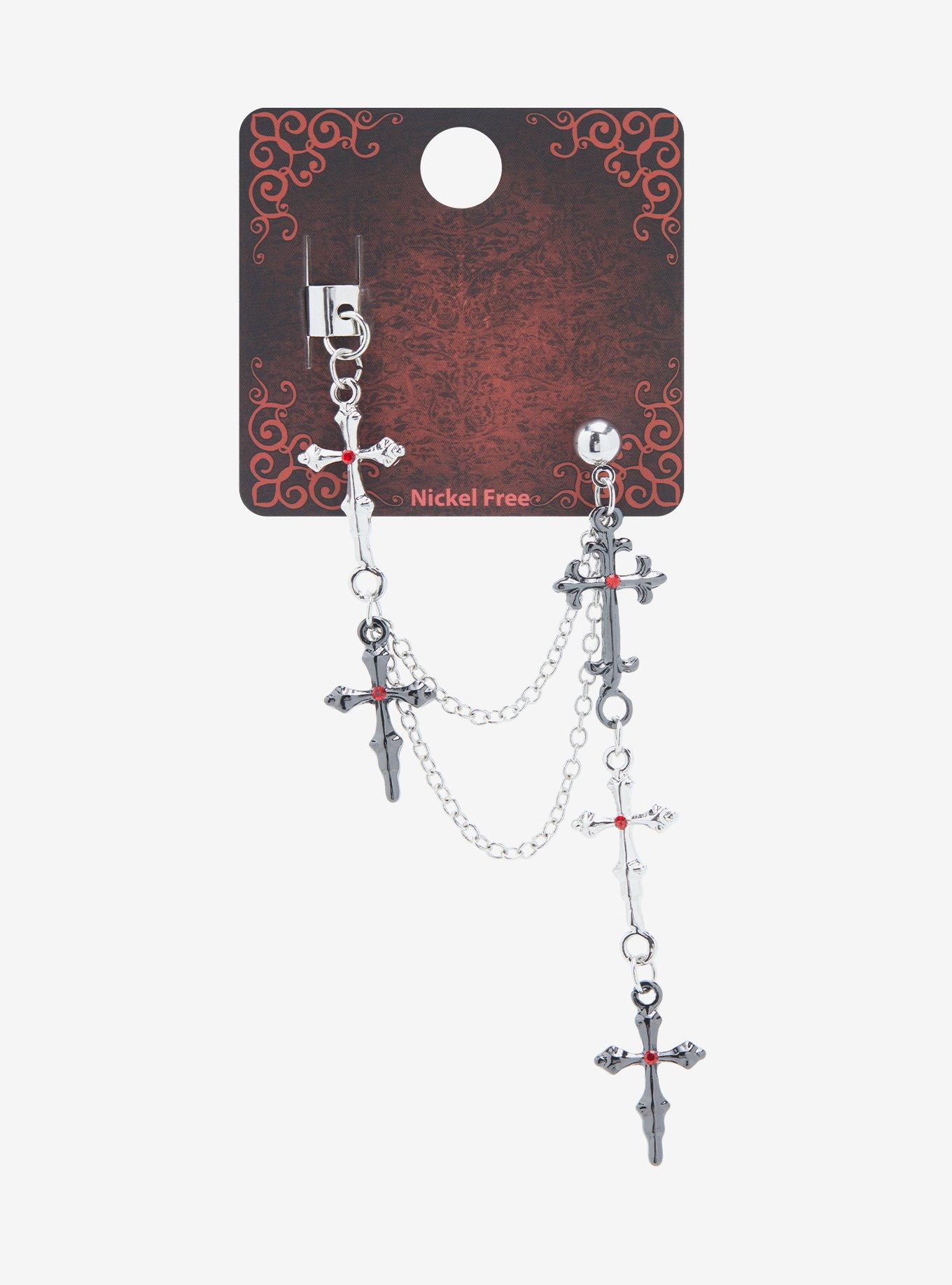 Red Gem Gothic Cross Cuff Earring, , hi-res