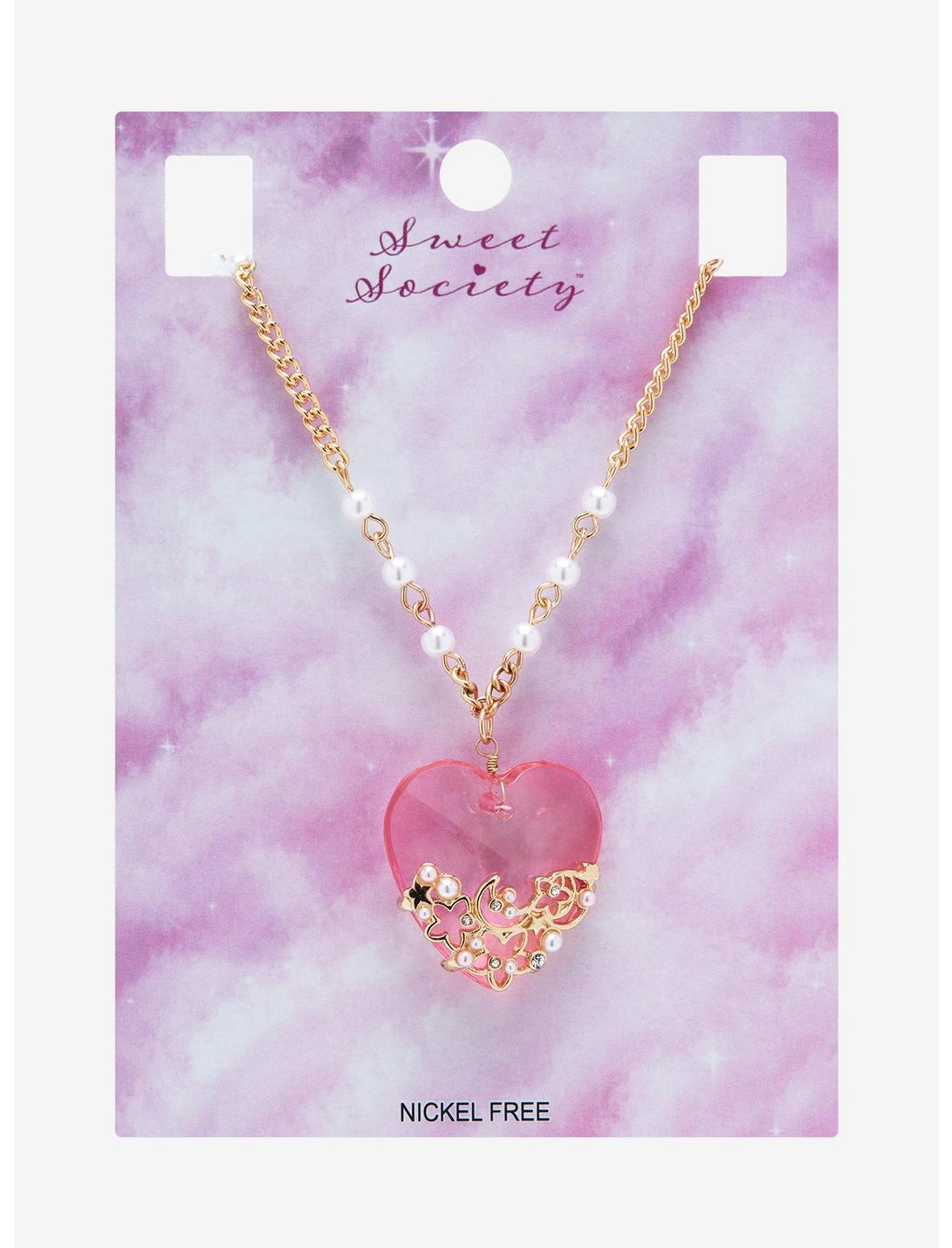 Sweet Society Pink Heart Pearl Pendant Necklace, , hi-res
