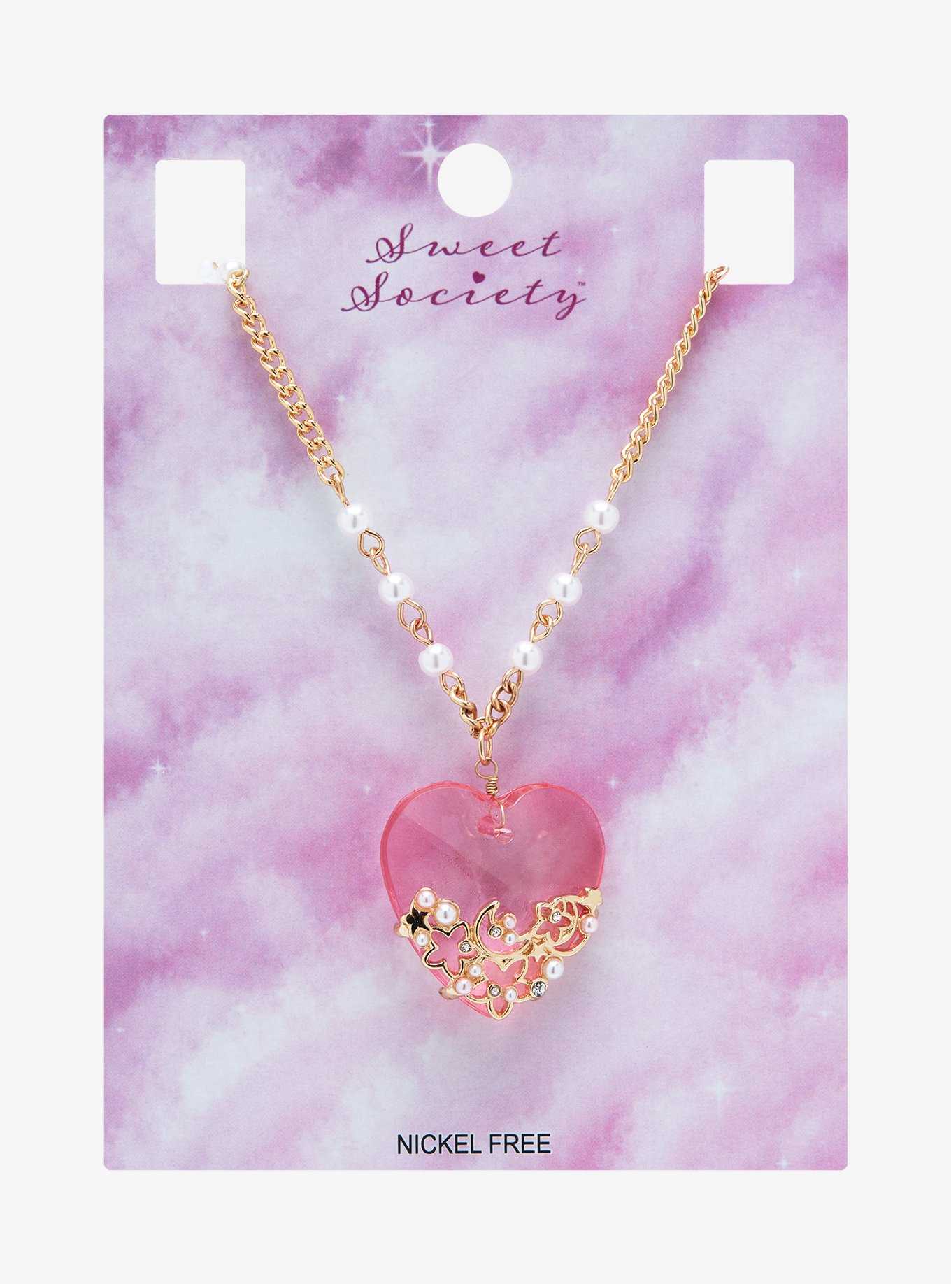 Sweet Society Pink Heart Pearl Pendant Necklace, , hi-res