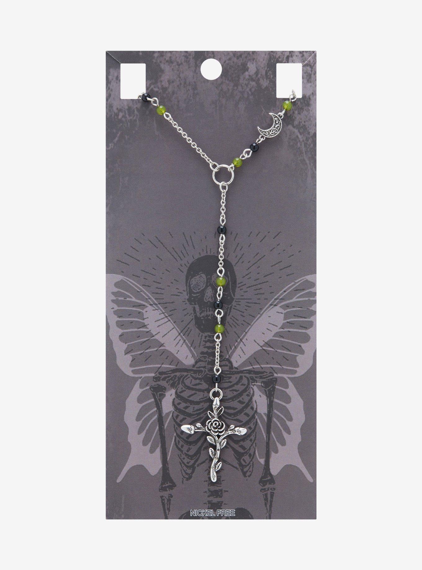 Green Rose Cross Rosary Necklace, , hi-res