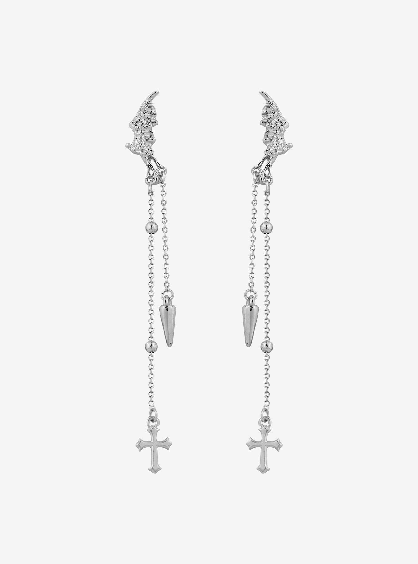 Wing Dangling Spike Cross Drop Earrings, , hi-res