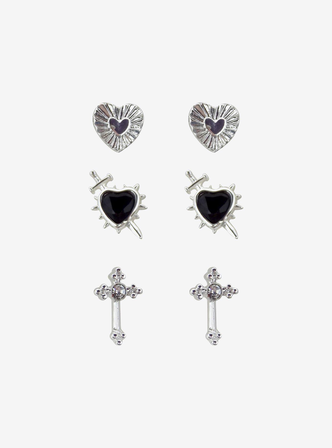 Sterling Silver Plated Heart Cross Earring Set | Hot Topic