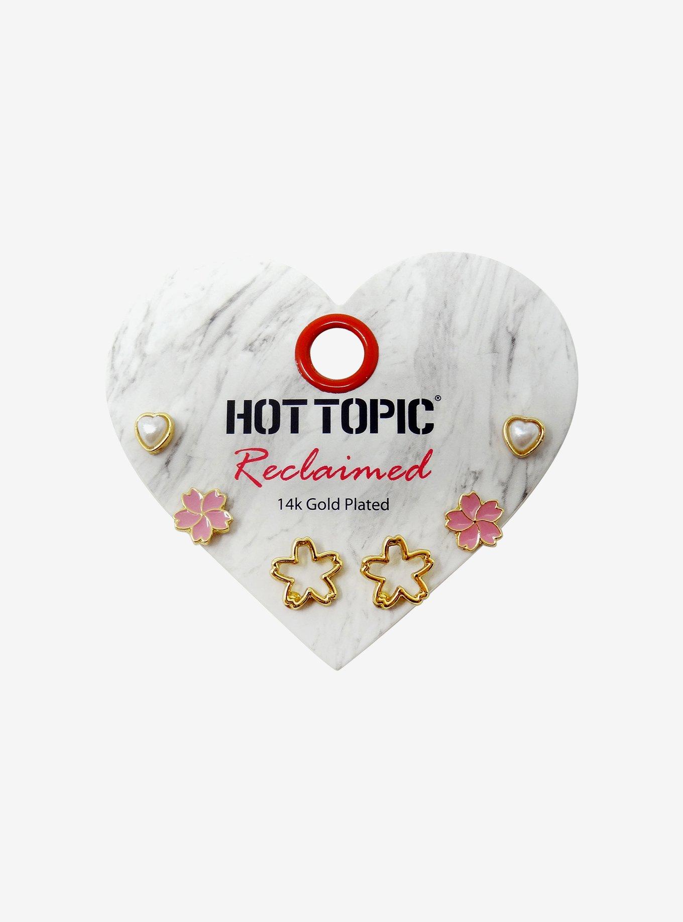 14K Gold Plated Heart Sakura Earring Set, , hi-res