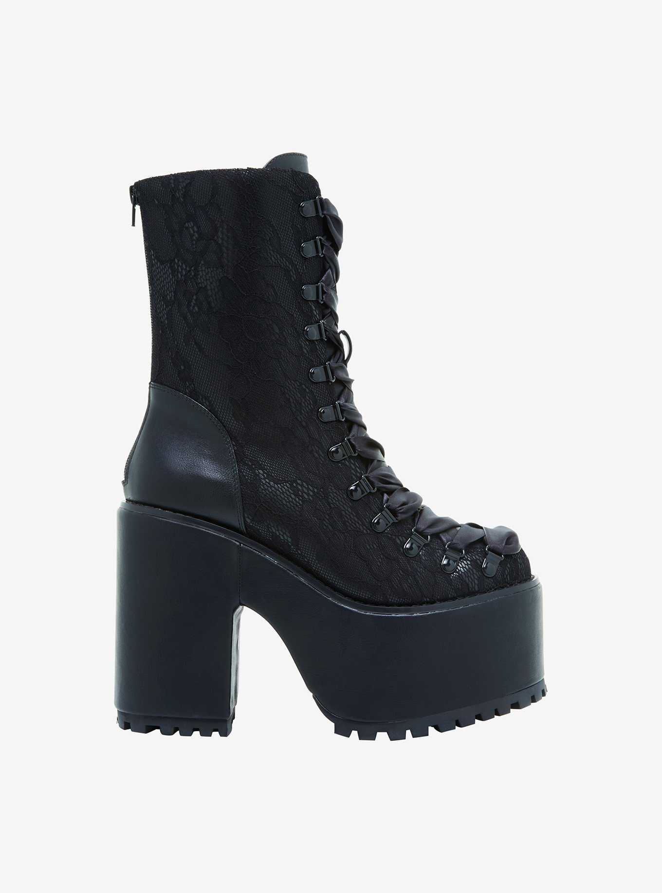 YRU Black Lace Platform Boots, , hi-res