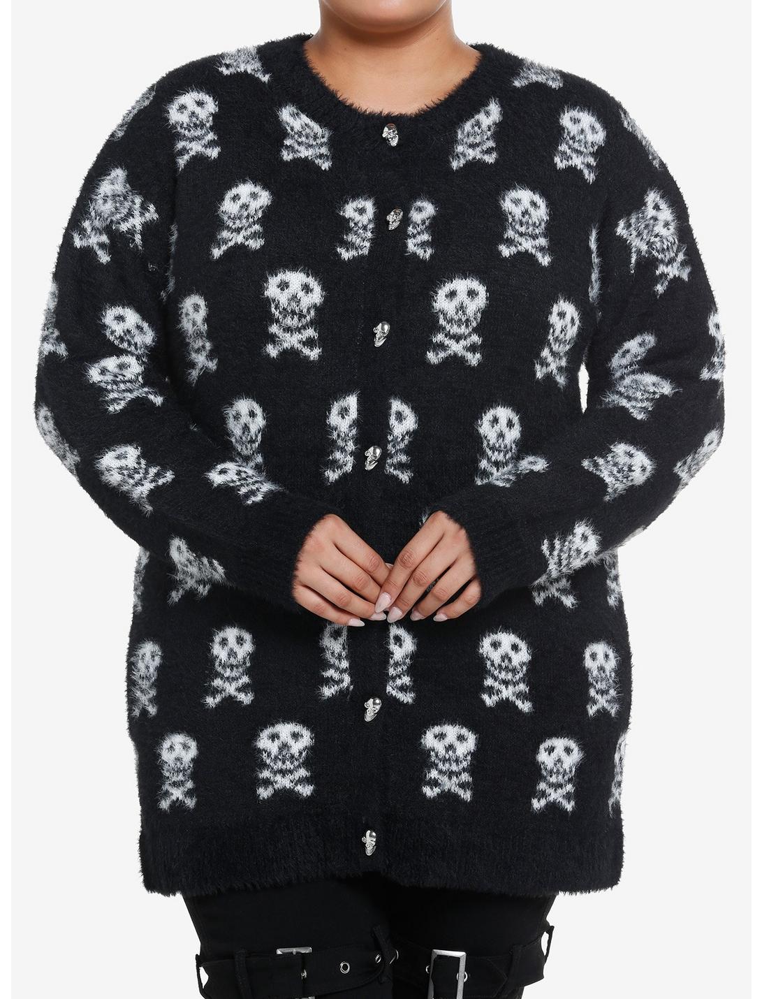 Social Collision Skull & Crossbones Fuzzy Girls Cardigan Plus Size, SKULL, hi-res
