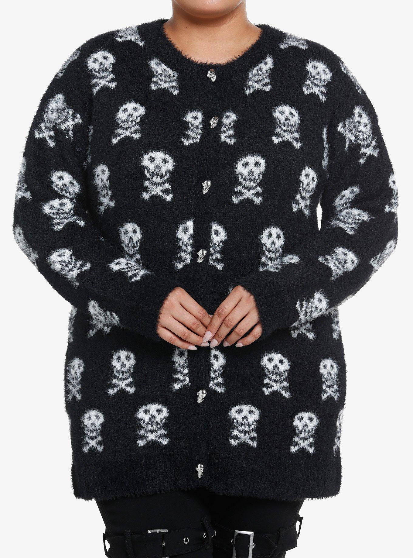 Social Collision Skull & Crossbones Fuzzy Girls Cardigan Plus Size, SKULL, hi-res