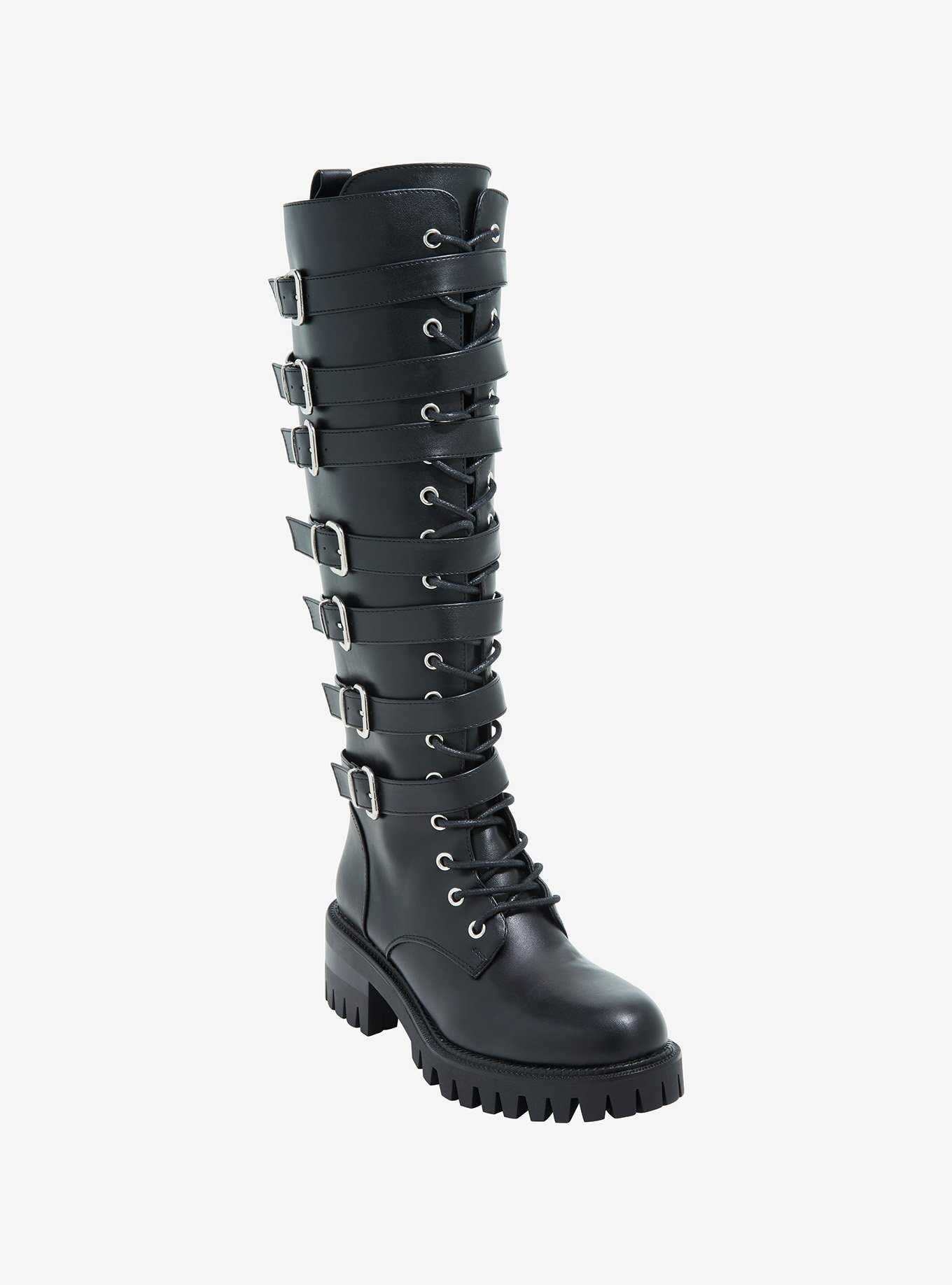 Black Multi-Buckle Knee-High Combat Boots, , hi-res