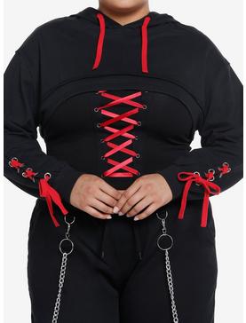 Social Collision Red Lace-Up Girls Crop Hooded Shrug Plus Size, , hi-res