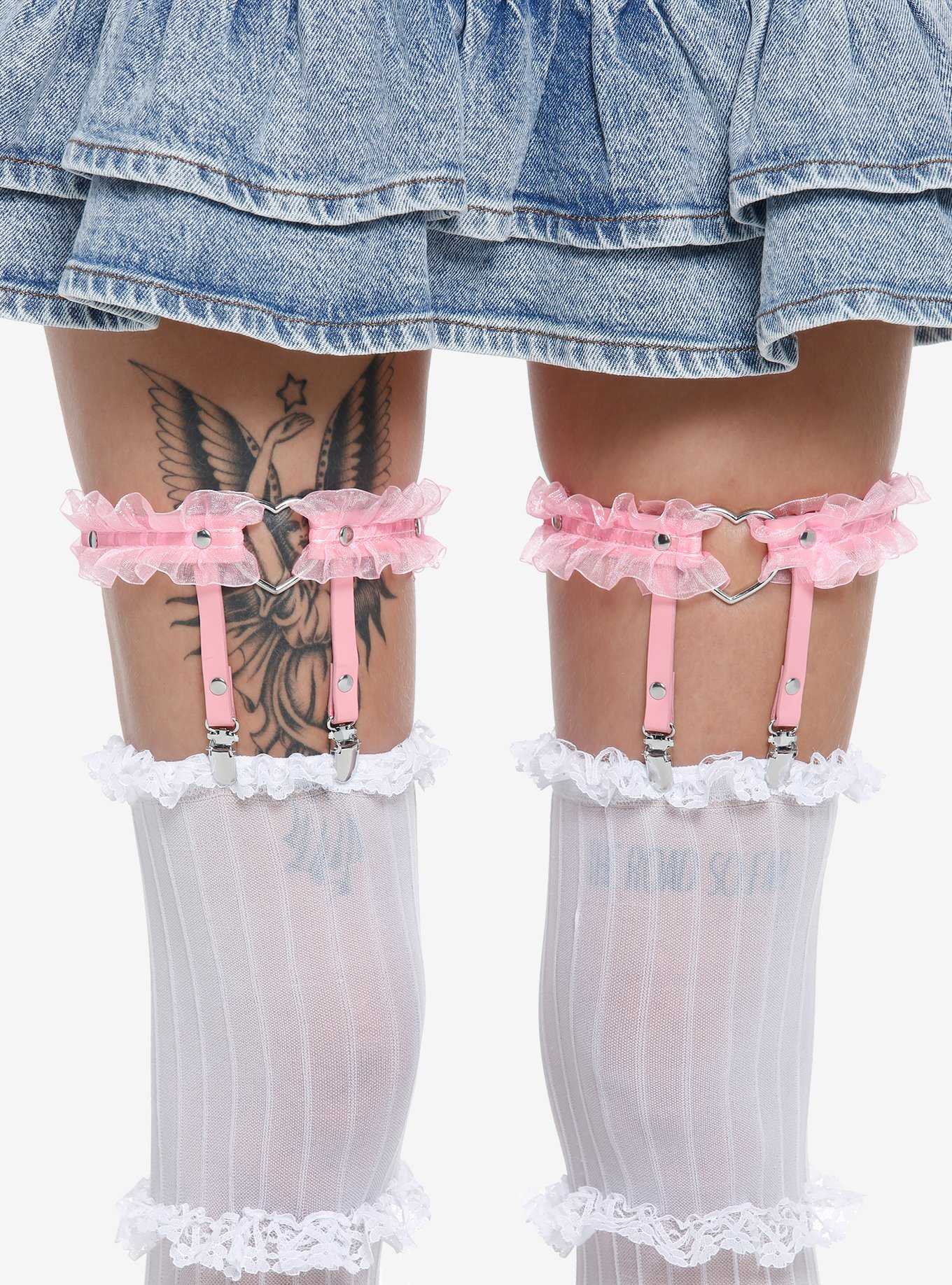 Pink Heart Ruffle Leg Garter Set, , hi-res
