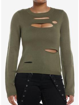 Social Collision Olive Distressed Cutout Girls Sweater, , hi-res