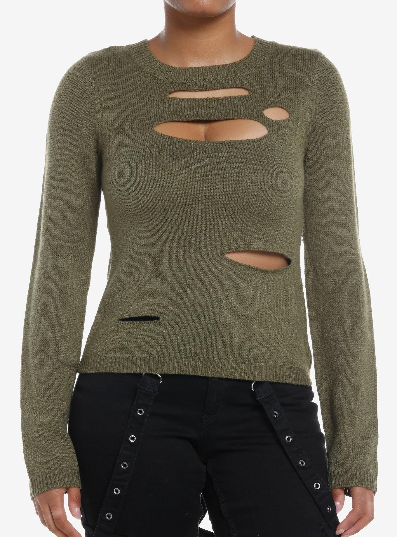 Social Collision Olive Distressed Cutout Girls Sweater, OLIVE, hi-res