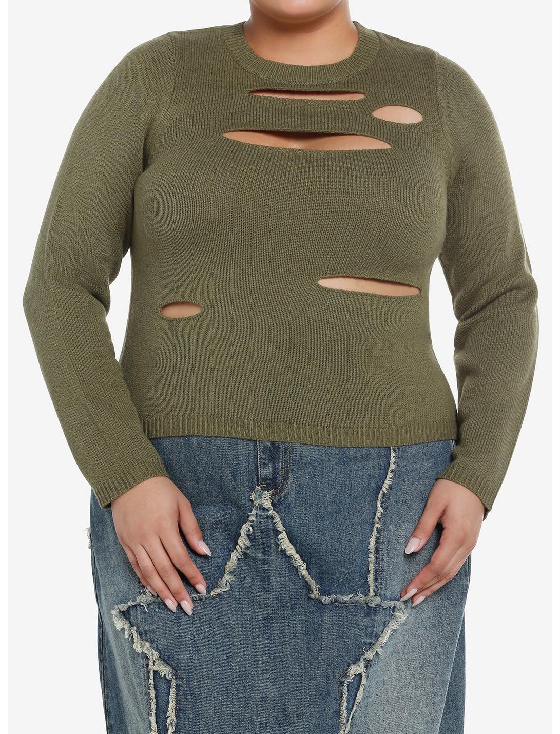 Social Collision Olive Distressed Cutout Girls Sweater Plus Size, OLIVE, hi-res