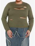 Social Collision Olive Distressed Cutout Girls Sweater Plus Size, OLIVE, hi-res