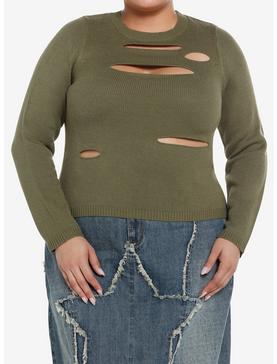 Social Collision Olive Distressed Cutout Girls Sweater Plus Size, , hi-res